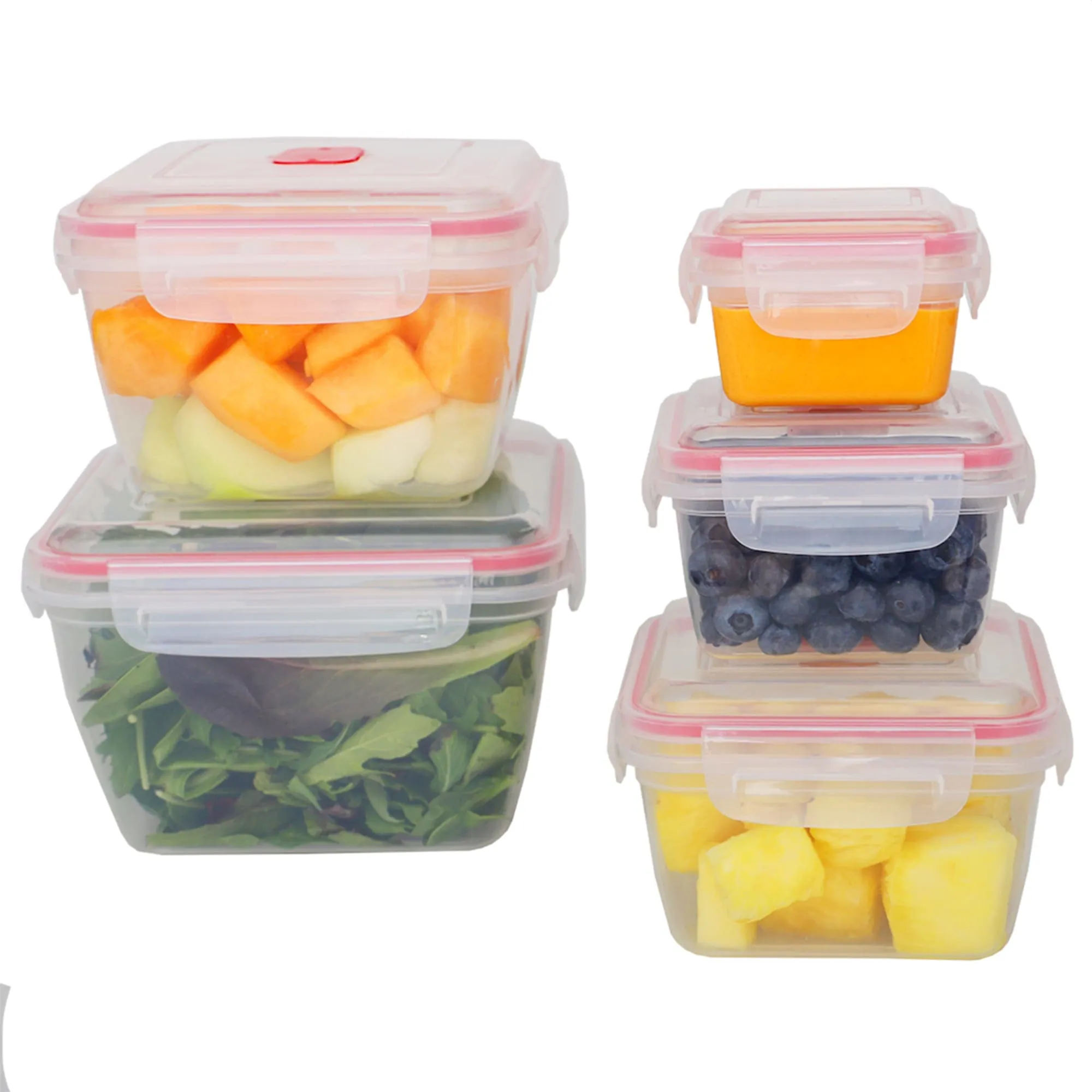 10 Piece Locking Square Plastic Food Storage Containers with Ventilated Snap-On Lids, Red