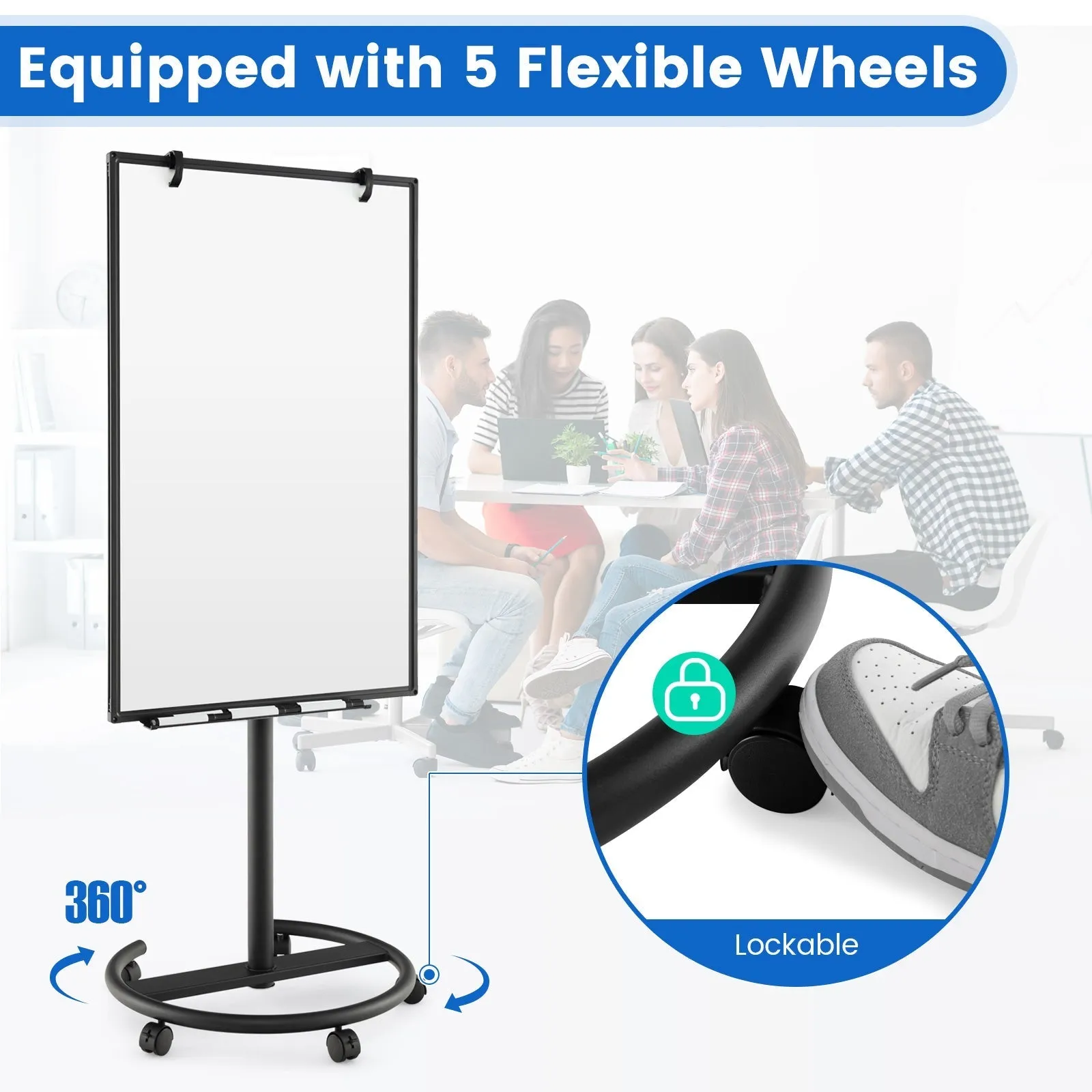 100 cm x 65 cm Height-Adjustable Magnetic Whiteboard on Wheels-Black &amp; White