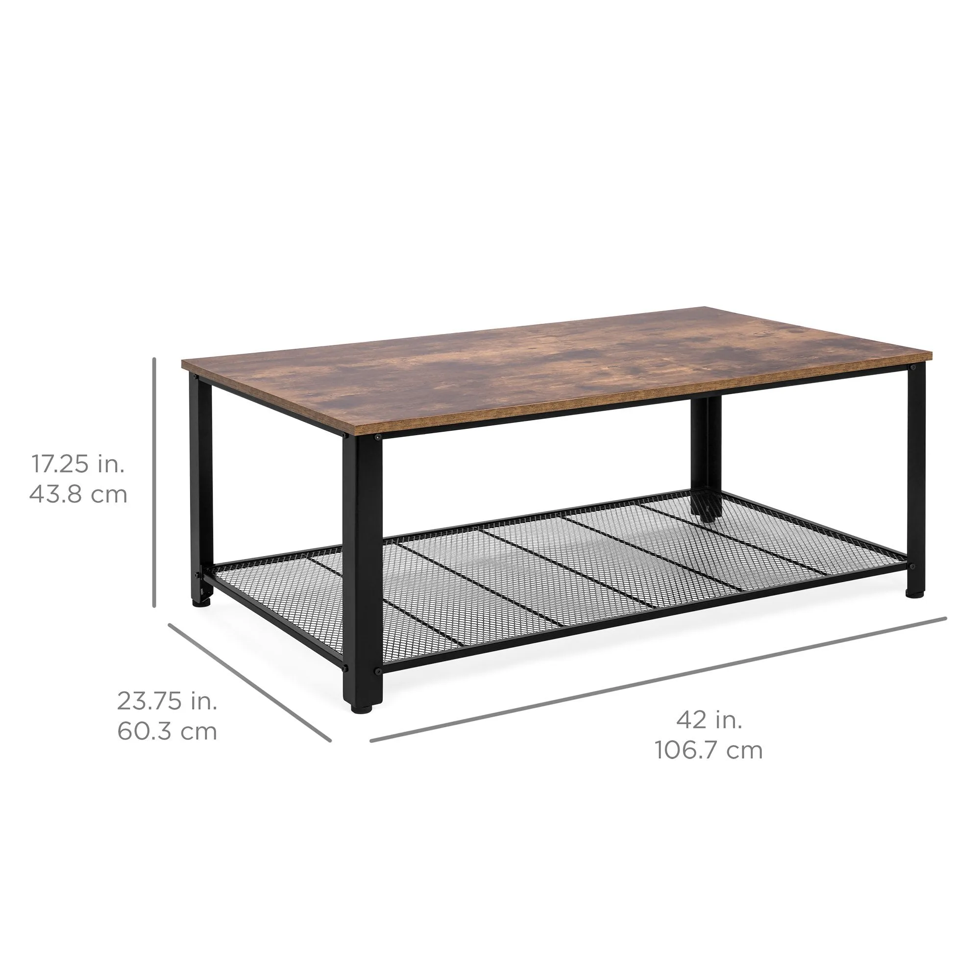 42in 2-Tier Rustic Industrial Coffee Table w/ Wood Finish Top, Metal Frame