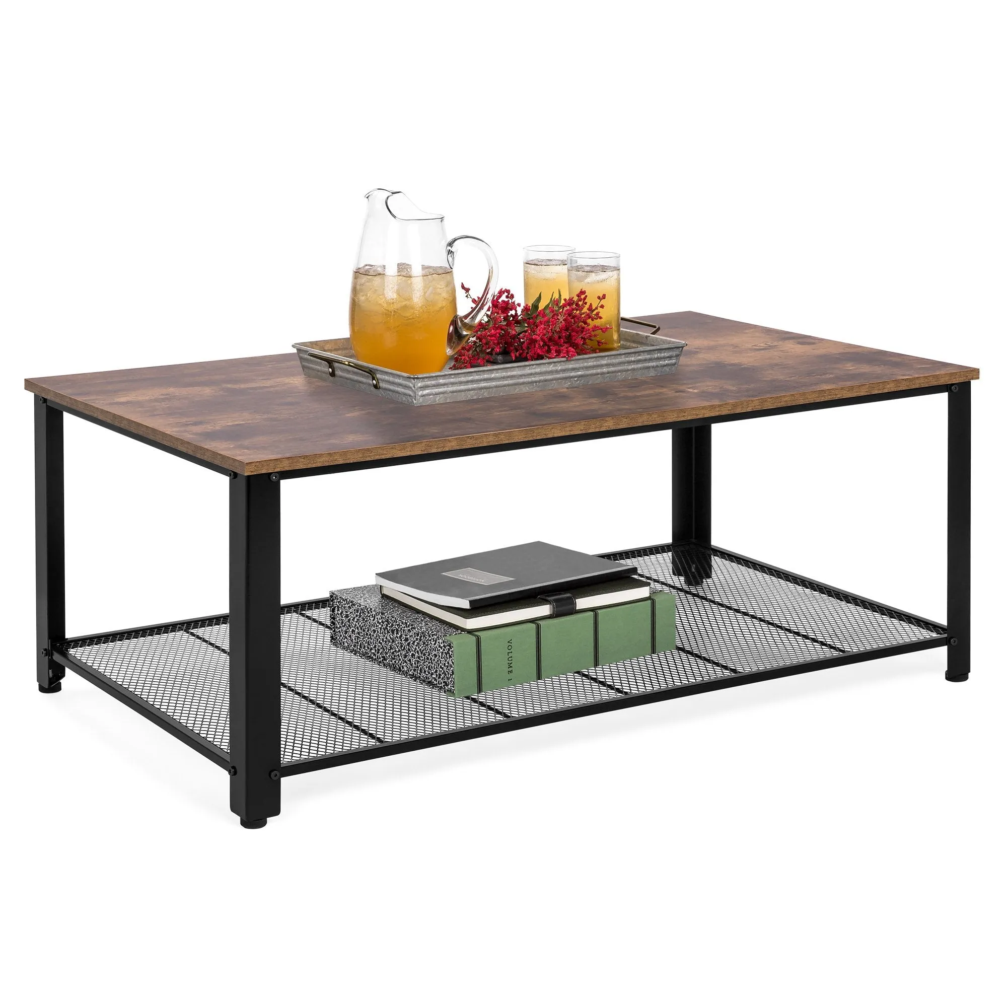 42in 2-Tier Rustic Industrial Coffee Table w/ Wood Finish Top, Metal Frame