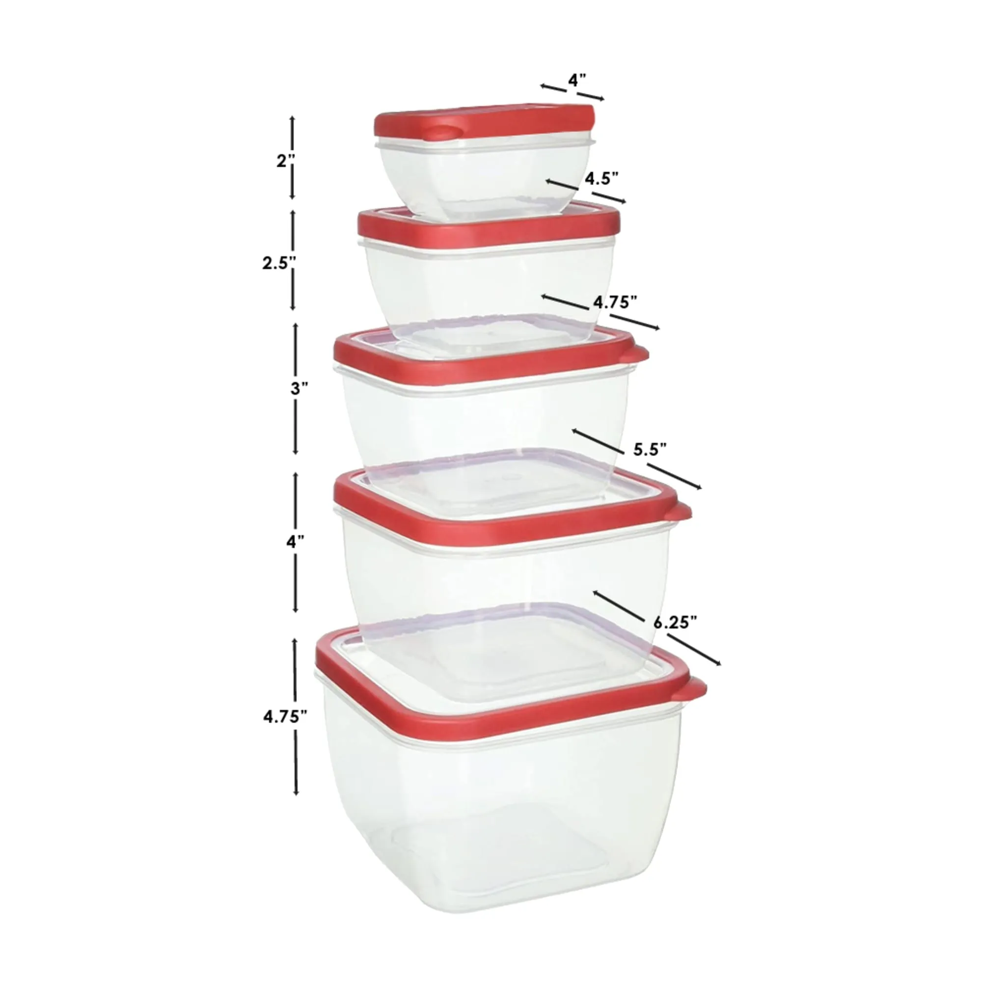 5 Piece Spill-Proof Square Plastic Food Storage Container with Ventilated, Snap-On Lids, Red