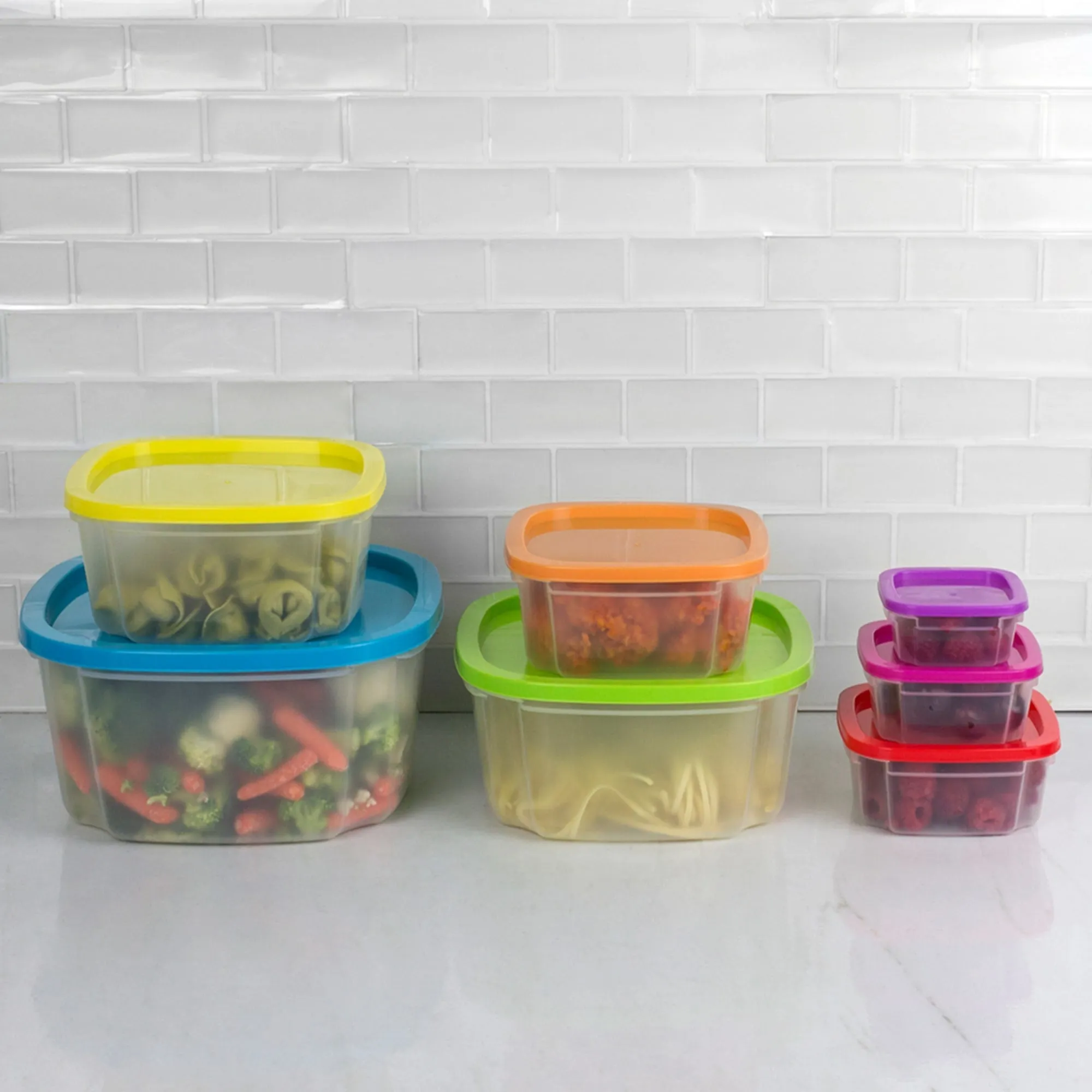 7 Piece Plastic Food Storage Container Set with Multi-Colored Lids