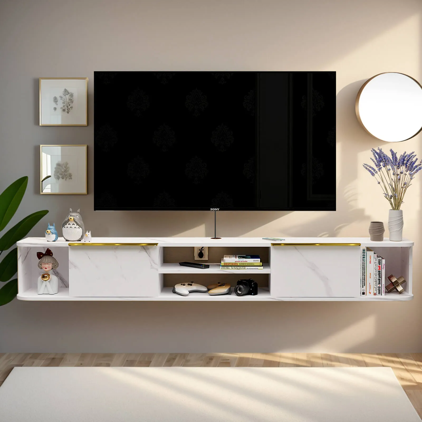 70" Arrangio Floating TV Stand, Marble White