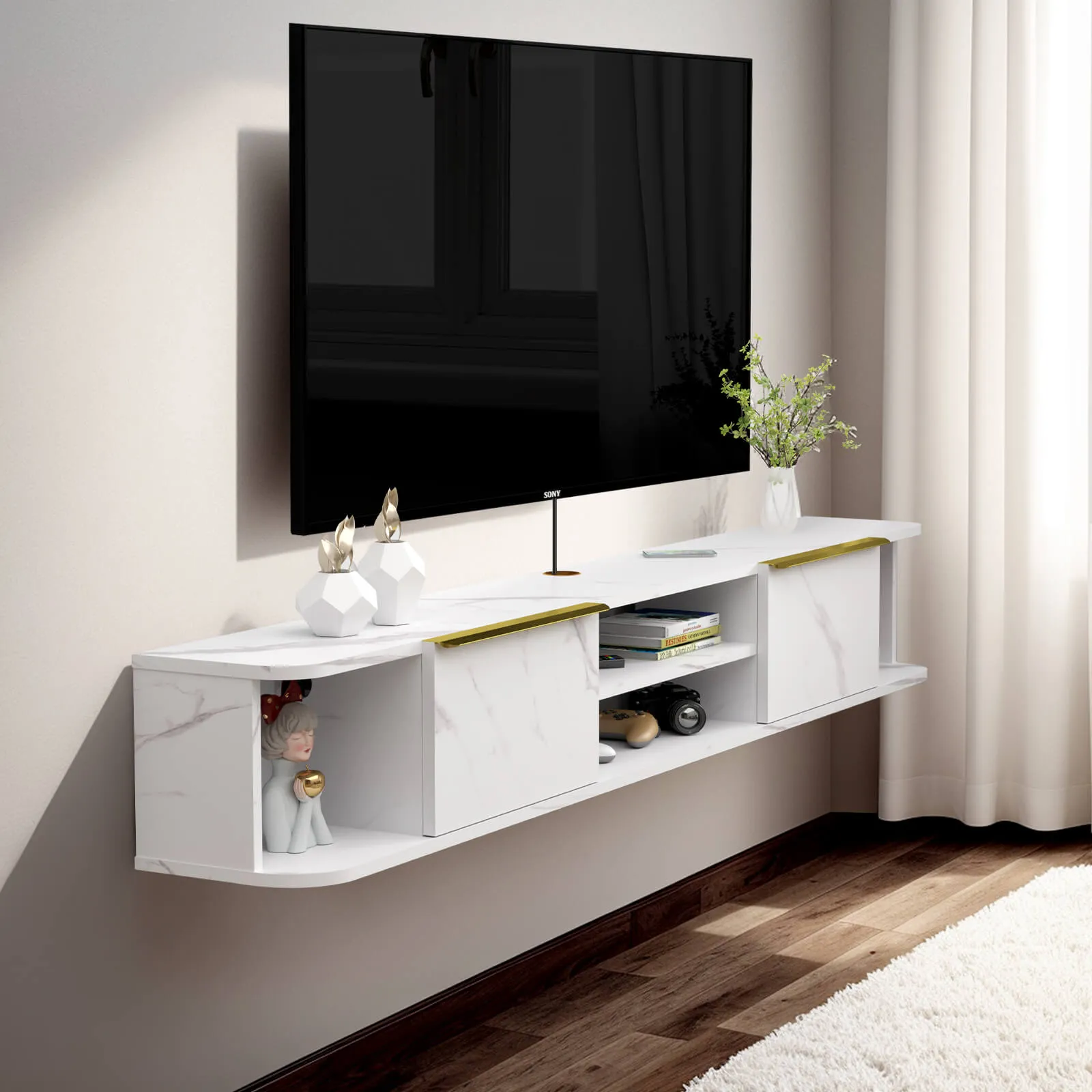 70" Arrangio Floating TV Stand, Marble White