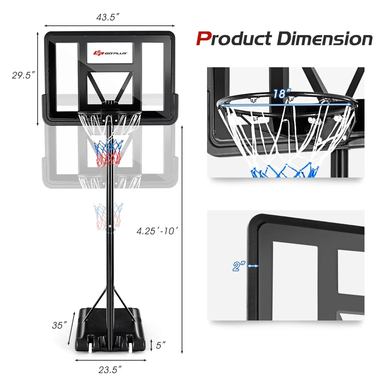 Adjustable Portable Basketball Hoop Stand with Shatterproof Backboard Wheels