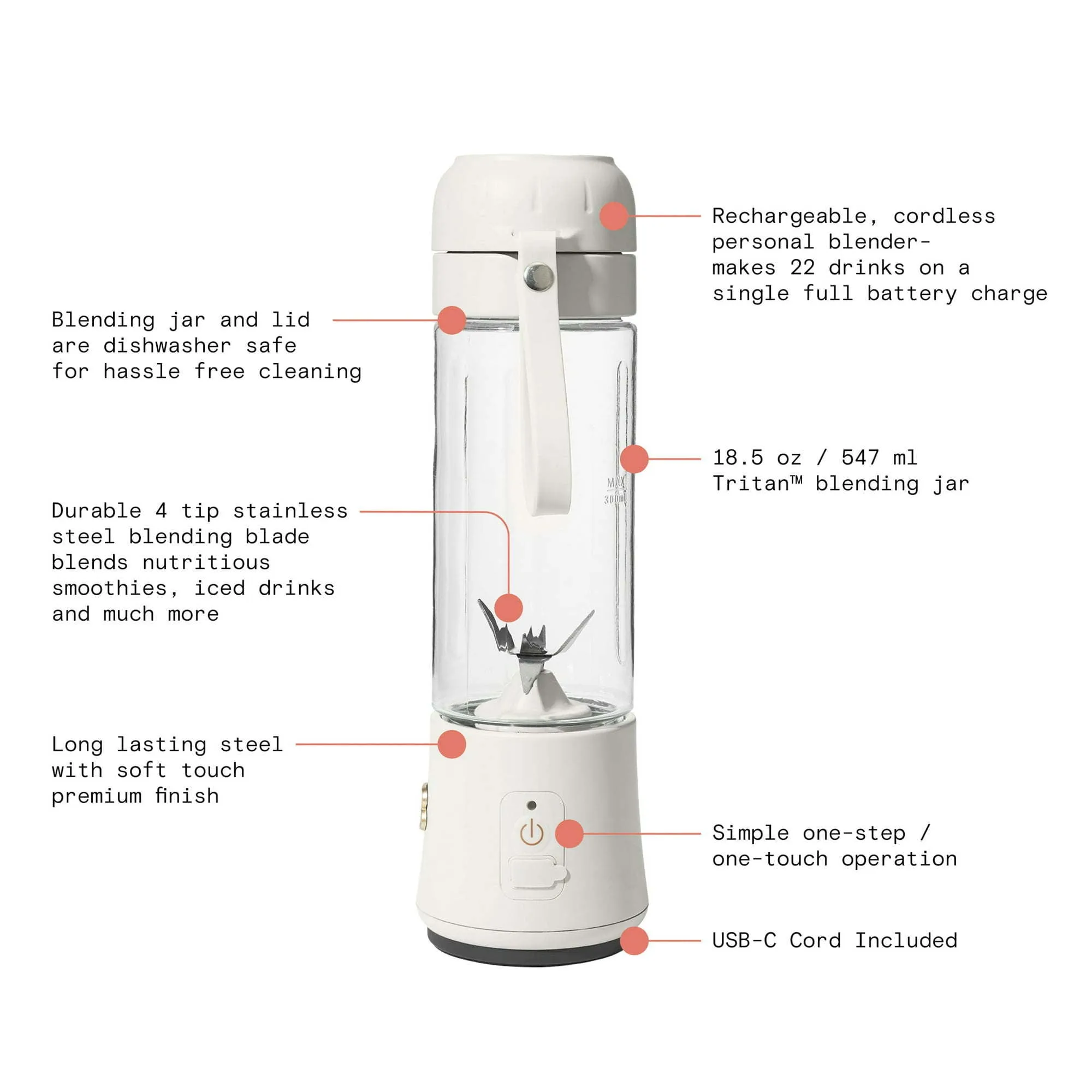 Beautiful Portable Blender White Icing by Drew Barrymore 70-Watt 18.5 oz