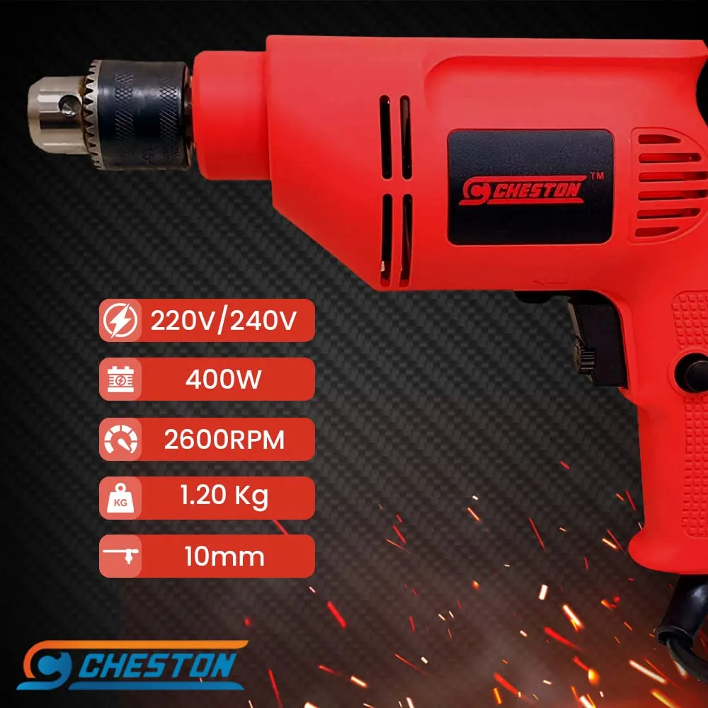 Cheston 10 mm Drill Machine Set 400W | Variable Speed & Reverse & Forward Function | 10mm Chuck | 2600 RPM | Electrical Power Tool Kit for Multipurpose Use | Drill for Wall Wood Metal Sheets