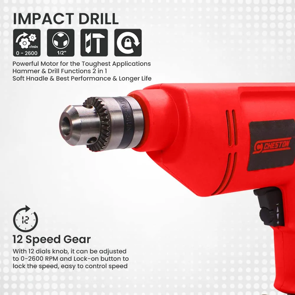 Cheston 10 mm Drill Machine Set 400W | Variable Speed & Reverse & Forward Function | 10mm Chuck | 2600 RPM | Electrical Power Tool Kit for Multipurpose Use | Drill for Wall Wood Metal Sheets