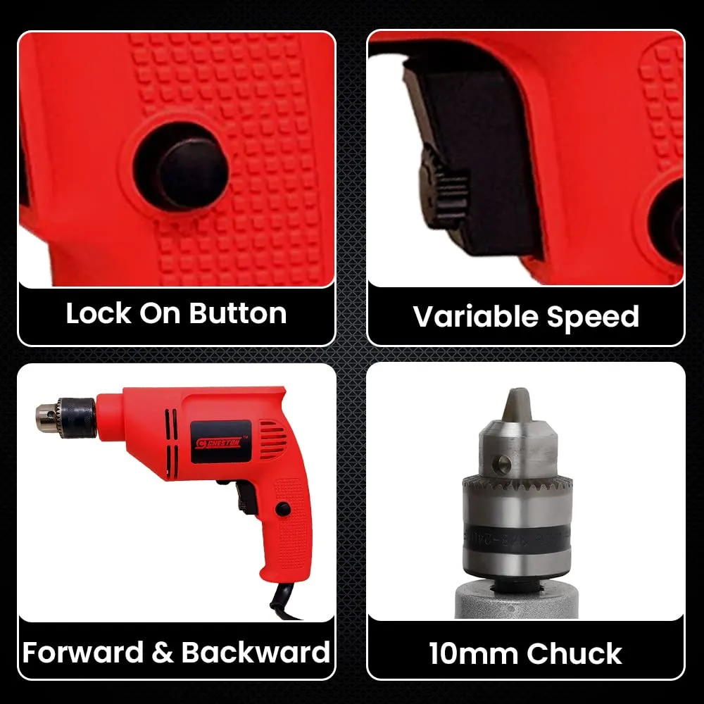 Cheston 10 mm Drill Machine Set 400W | Variable Speed & Reverse & Forward Function | 10mm Chuck | 2600 RPM | Electrical Power Tool Kit for Multipurpose Use | Drill for Wall Wood Metal Sheets