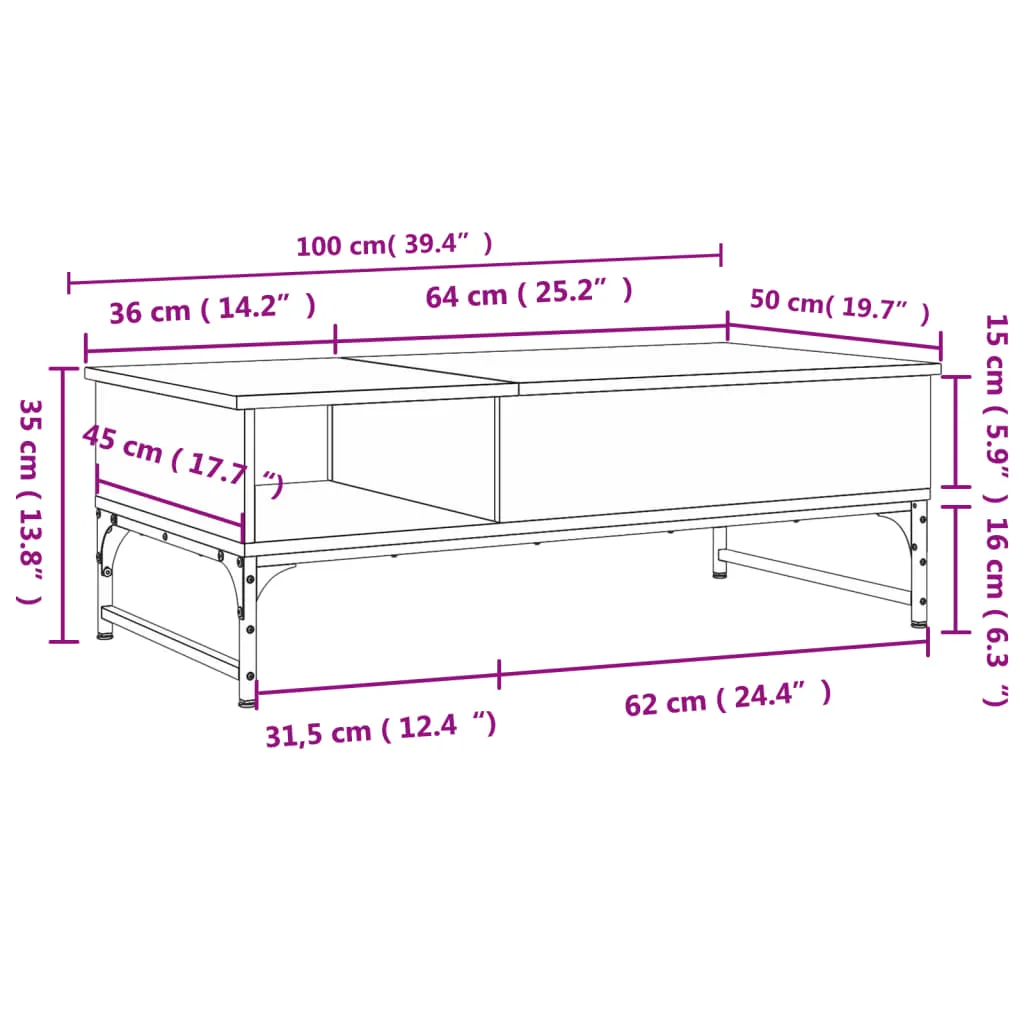 Coffee Table Smoked Oak 100x50x35 cm Engineered Wood and Metal