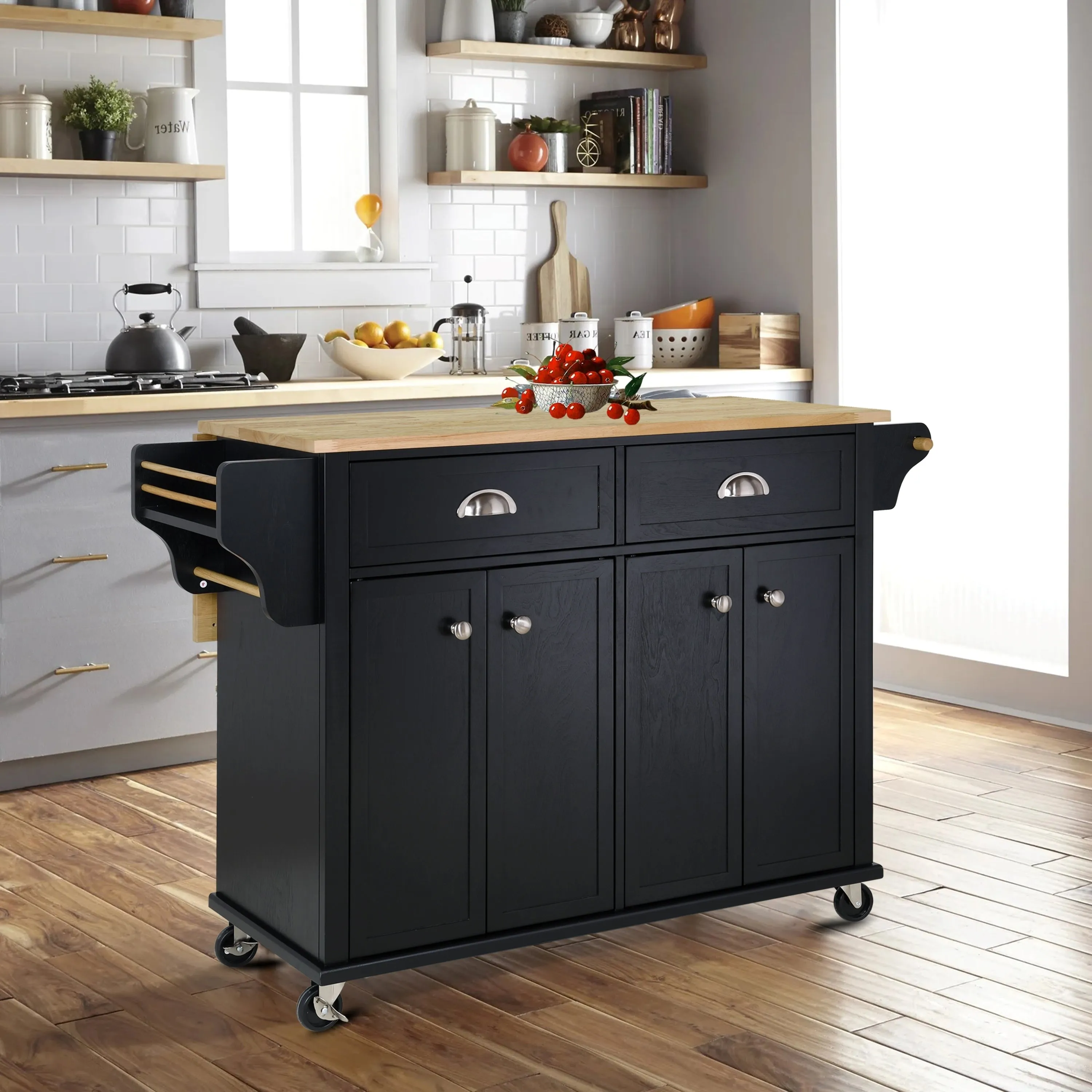 Culinary Wood Top Kitchen Island with Storage - Black