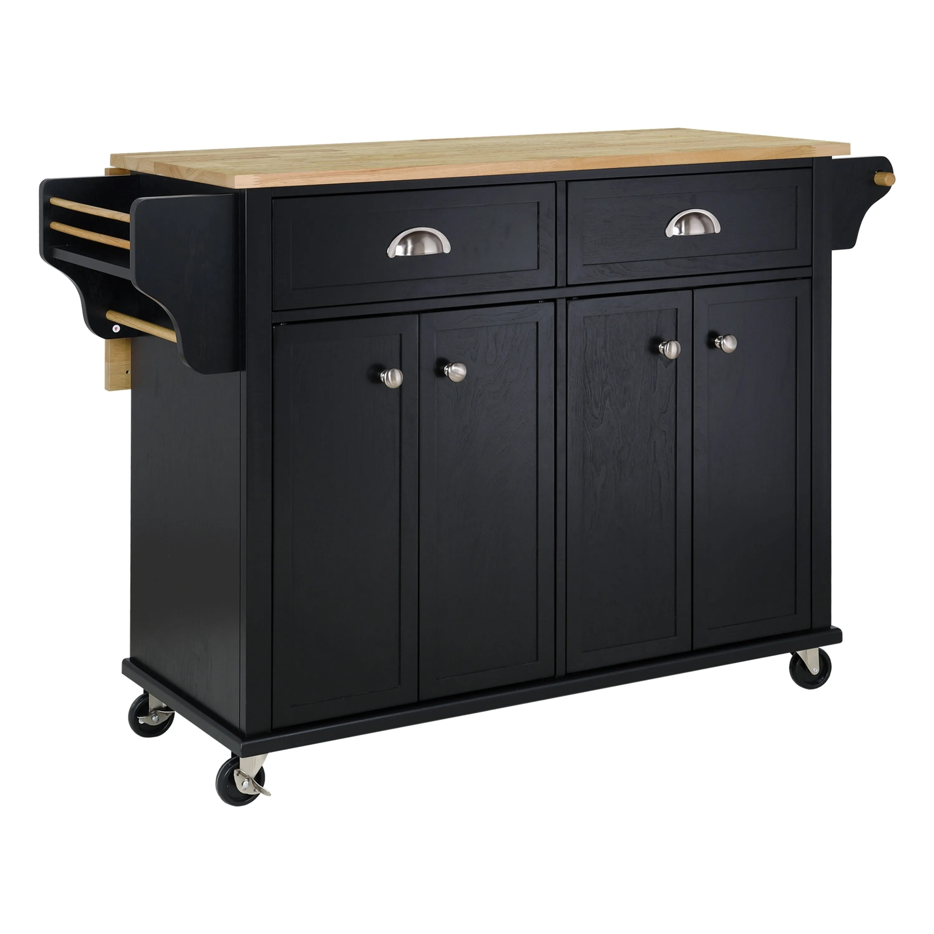 Culinary Wood Top Kitchen Island with Storage - Black