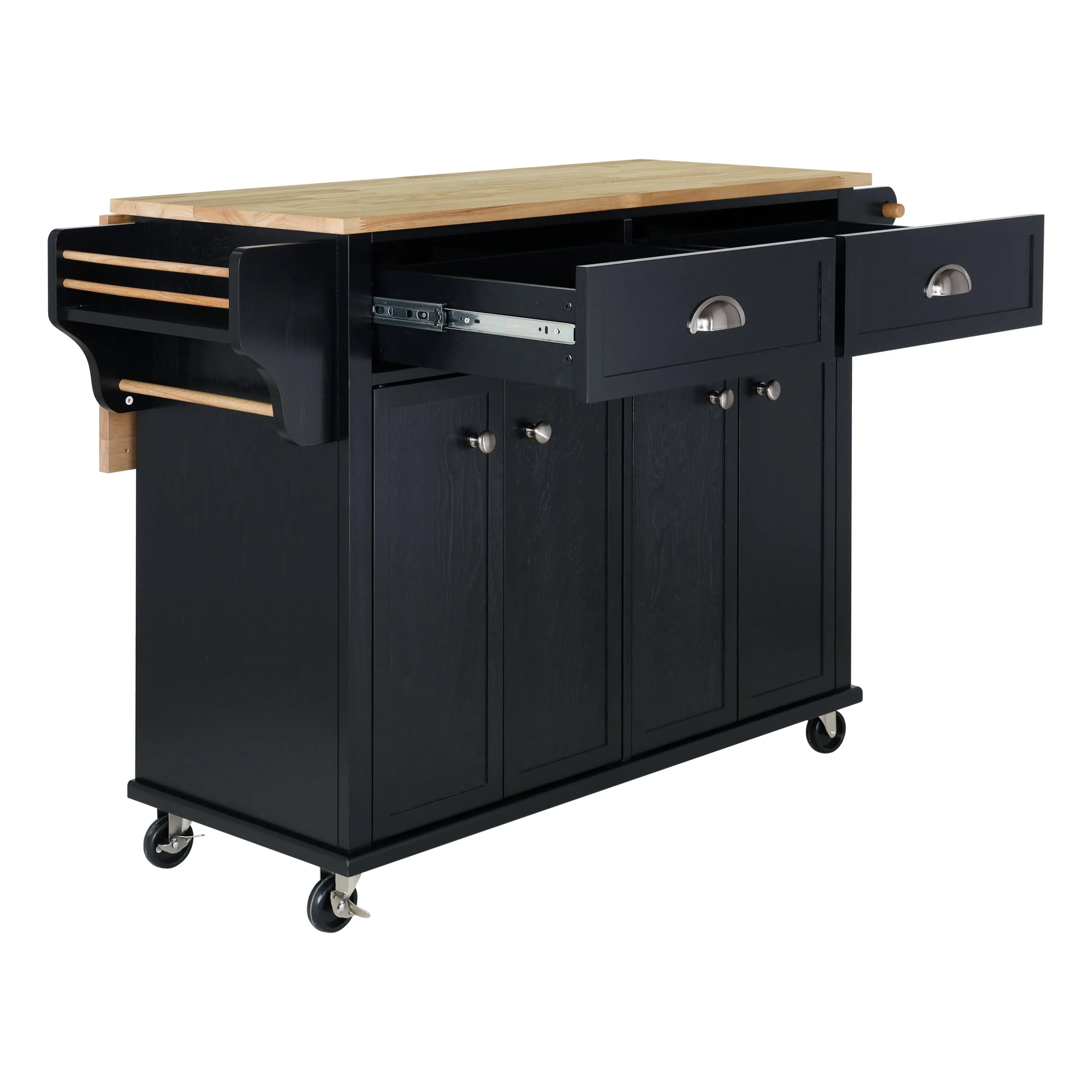 Culinary Wood Top Kitchen Island with Storage - Black