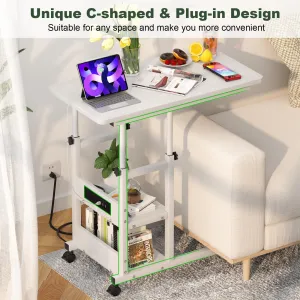 Cyclysio Height Adjustable C Shaped End Table with Charging Station, White W