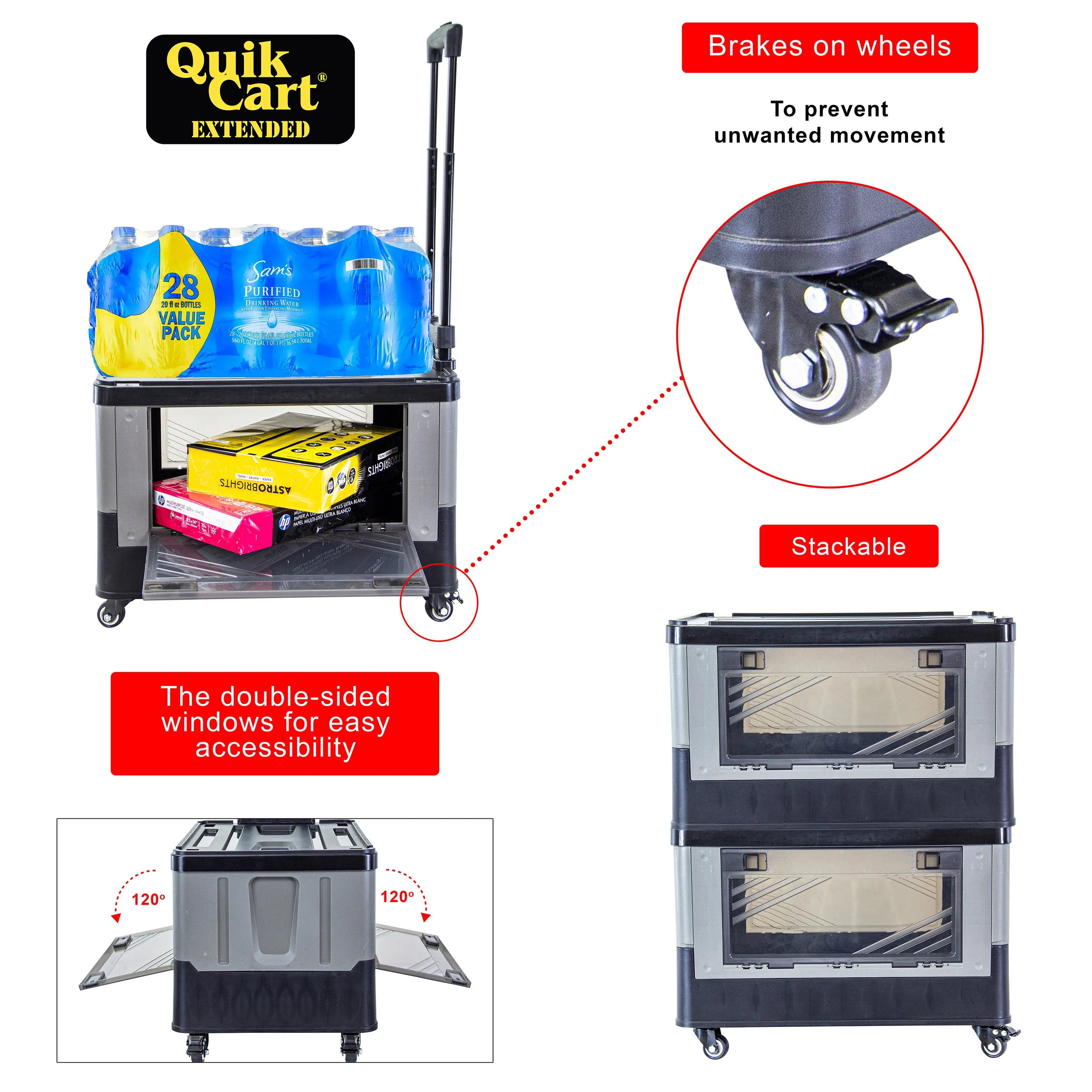 dbest products Quik Cart Extended  Four Wheeled Rolling Crate Teacher Utility with seat  Dual Accessible  Doors Heavy Duty Collapsible Basket with Two Position Handle