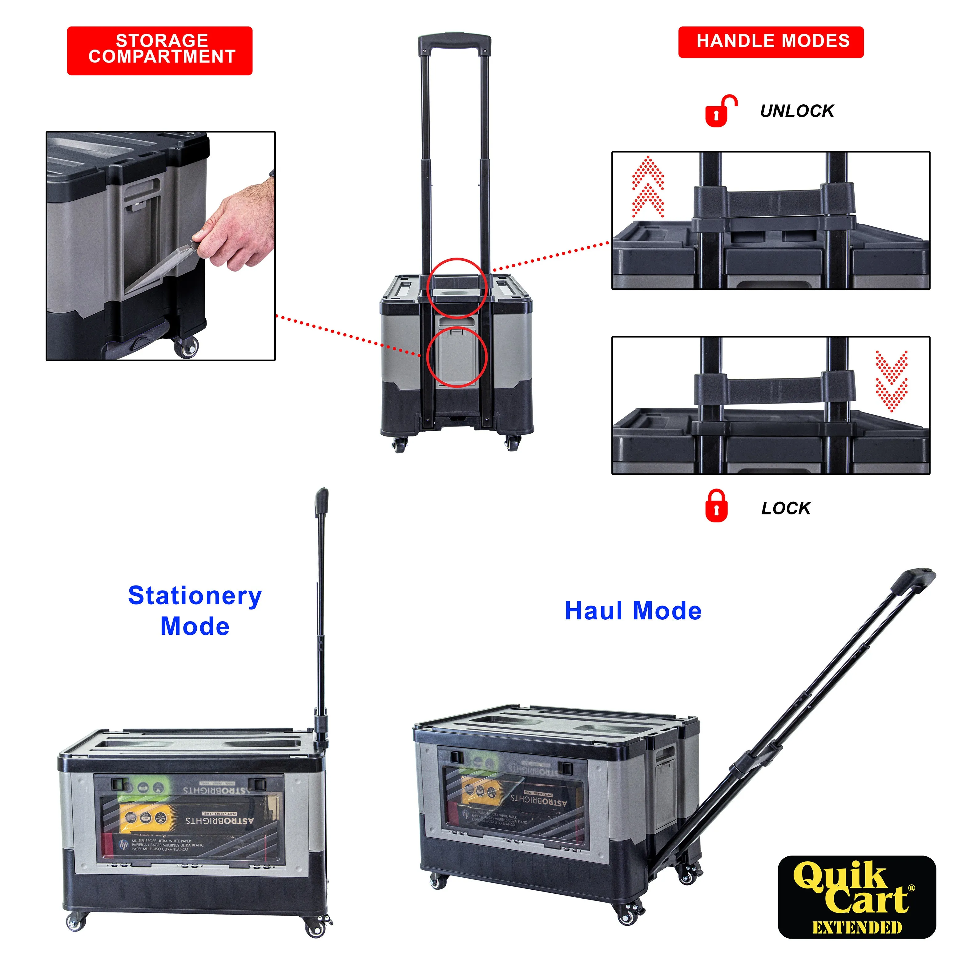 dbest products Quik Cart Extended  Four Wheeled Rolling Crate Teacher Utility with seat  Dual Accessible  Doors Heavy Duty Collapsible Basket with Two Position Handle