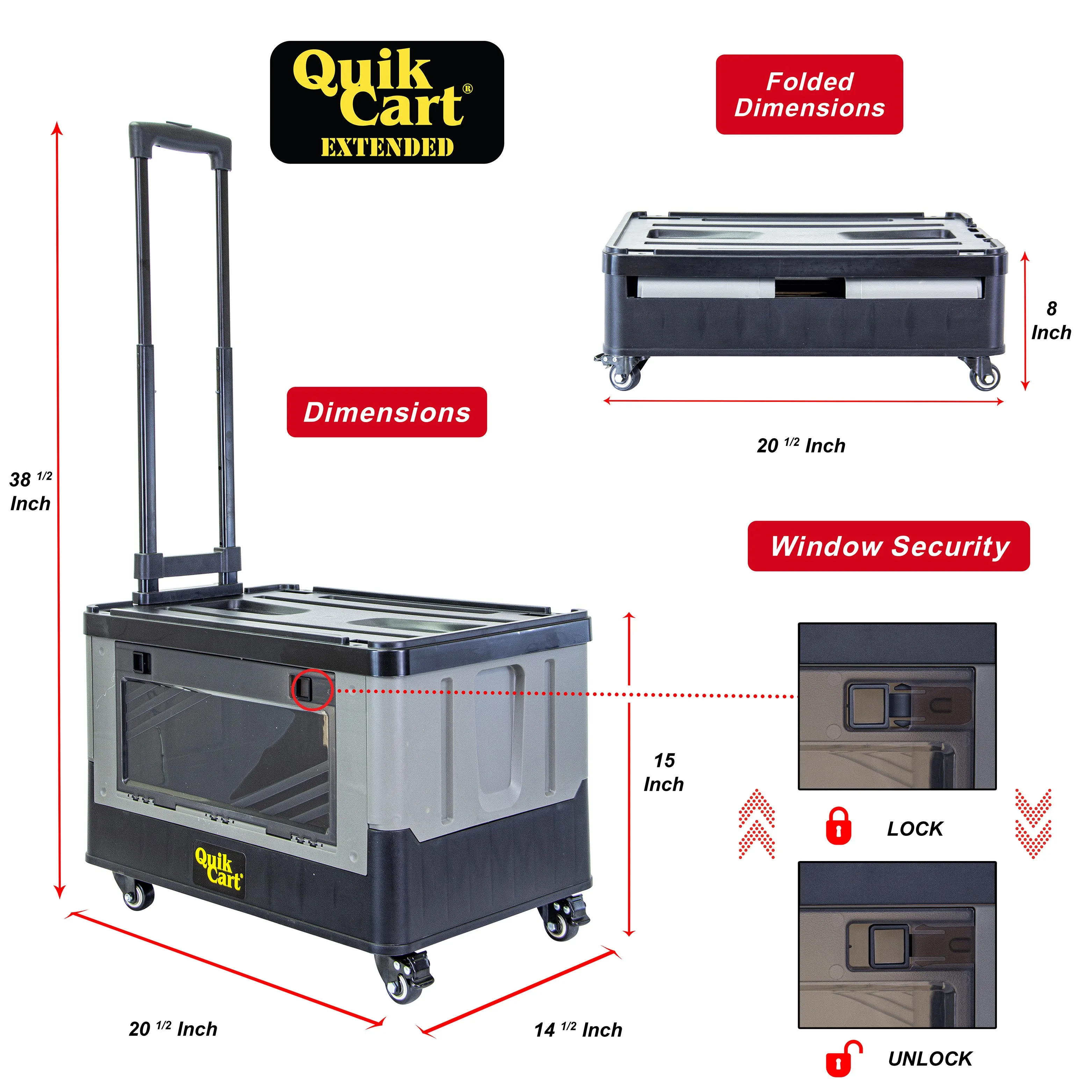 dbest products Quik Cart Extended  Four Wheeled Rolling Crate Teacher Utility with seat  Dual Accessible  Doors Heavy Duty Collapsible Basket with Two Position Handle