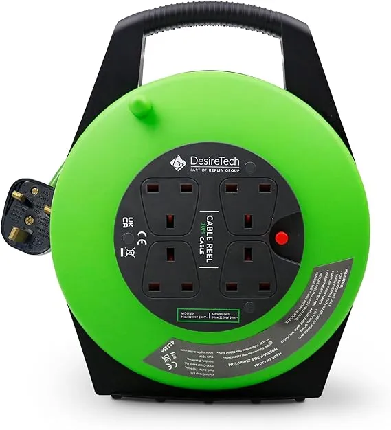 Desiretech 10-Metre Heavy-Duty Portable Cable Reel Extension Lead – 4 Shuttered Sockets, Thermal Cut-Out, Ergonomic Handle, Green/Black – Robust Extension Cord for Indoor Use