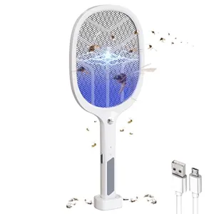 GIGAWATTS Autokill 2-in-1 Mosquito Racket 1200mAh Battery USB Charging LED Light Insect Bugs Trap Fly Swatter for Indoor Home Outdoor (White, 6-Months Warranty, Charge Before First USE)