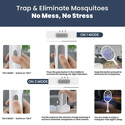 GIGAWATTS Autokill 2-in-1 Mosquito Racket 1200mAh Battery USB Charging LED Light Insect Bugs Trap Fly Swatter for Indoor Home Outdoor (White, 6-Months Warranty, Charge Before First USE)