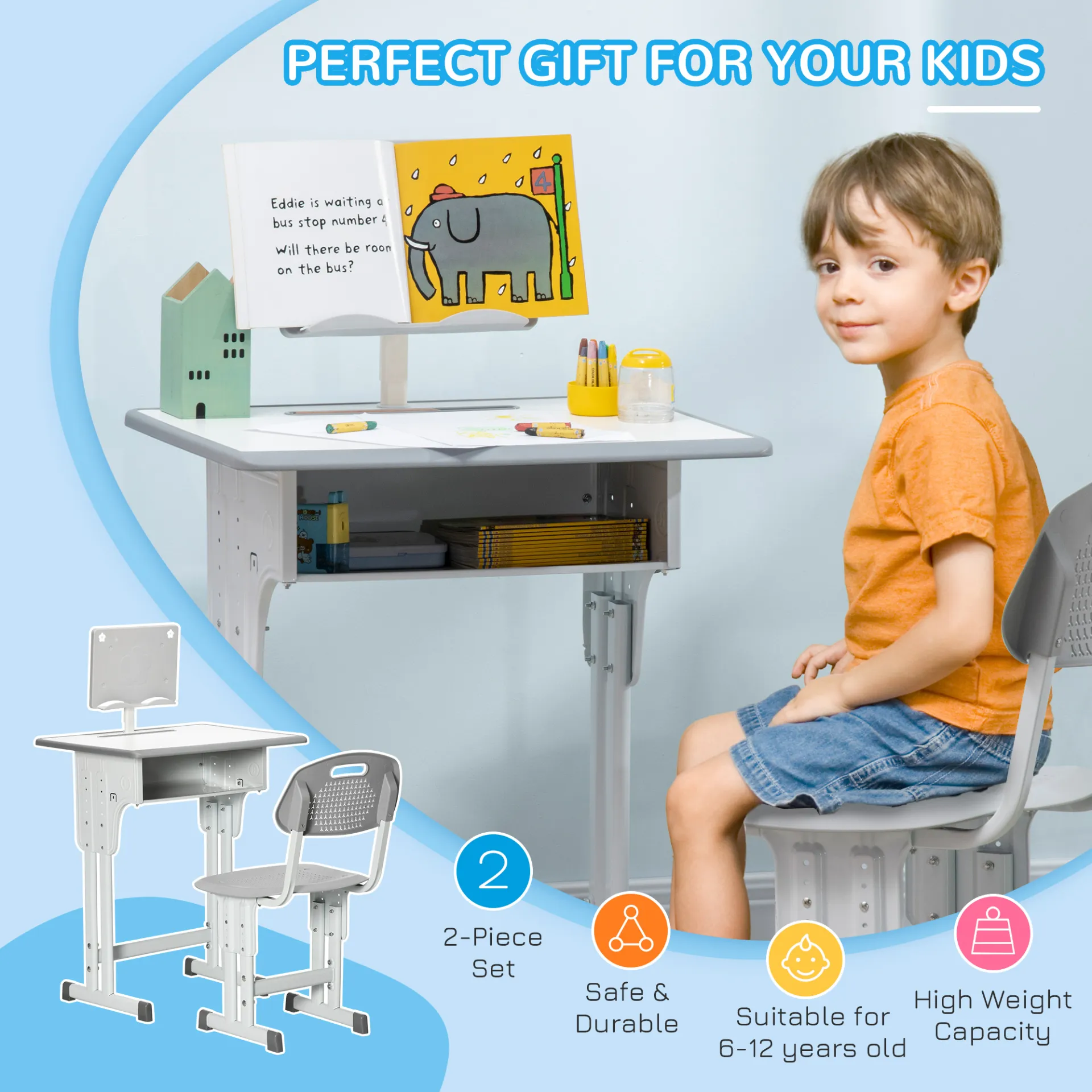 HOMCOM Adjustable Kids Desk and Chair Set - Study Table with Storage, Book Stand, and Cup Holder - Grey | Ideal for Ages 6-12