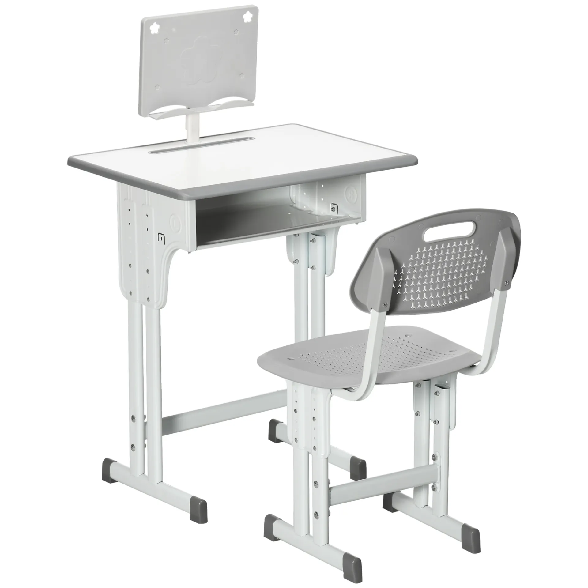 HOMCOM Adjustable Kids Desk and Chair Set - Study Table with Storage, Book Stand, and Cup Holder - Grey | Ideal for Ages 6-12