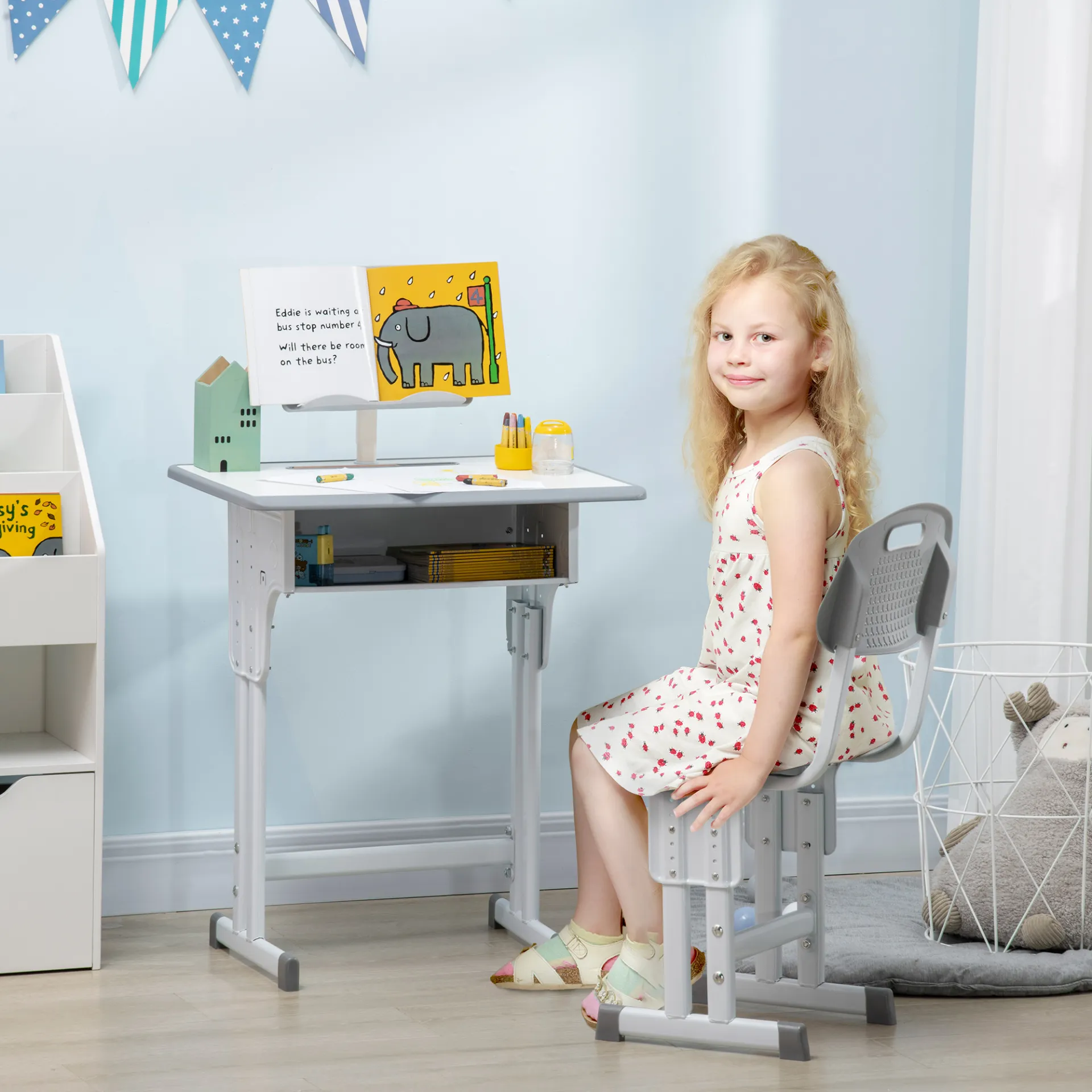 HOMCOM Adjustable Kids Desk and Chair Set - Study Table with Storage, Book Stand, and Cup Holder - Grey | Ideal for Ages 6-12