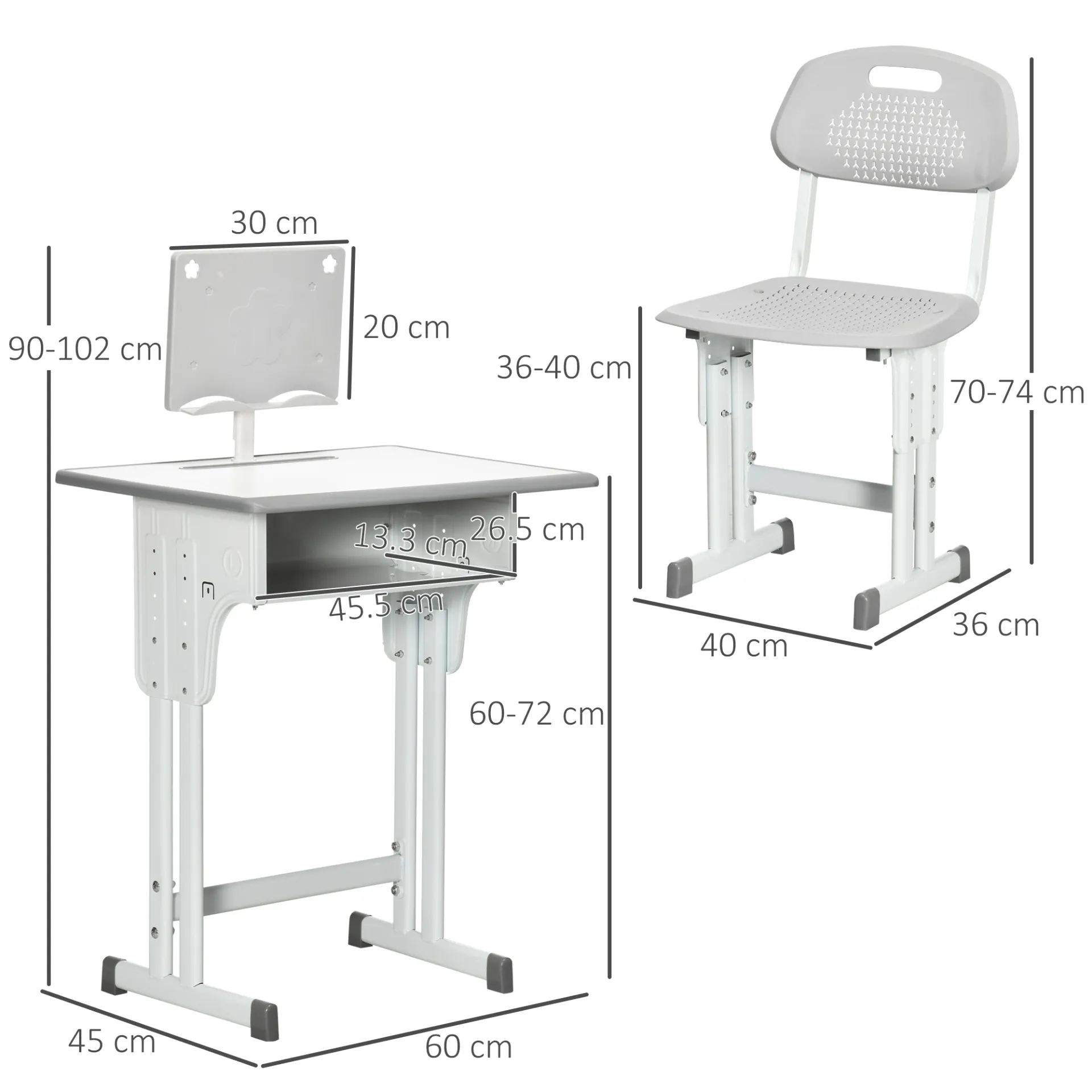 HOMCOM Adjustable Kids Desk and Chair Set - Study Table with Storage, Book Stand, and Cup Holder - Grey | Ideal for Ages 6-12