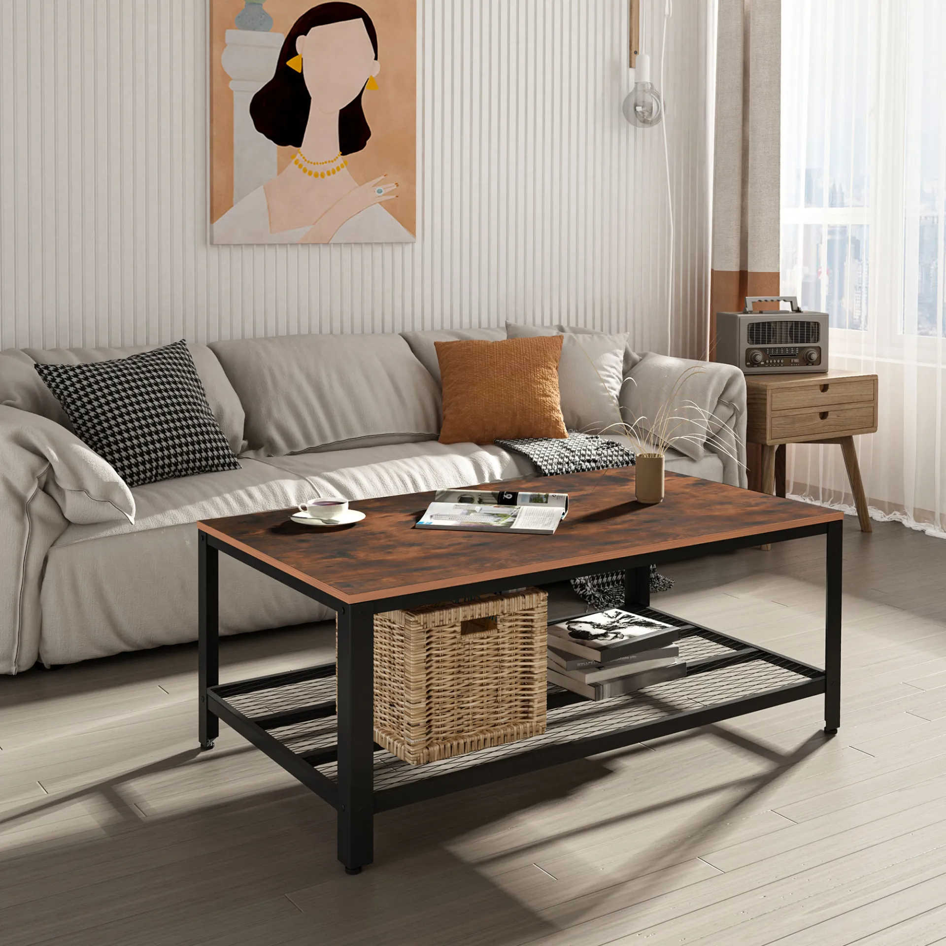 HOMCOM Coffee Table - Retro Industrial Side Table, Metal Frame, Rustic Brown Finish for Living Room & Modern Spaces