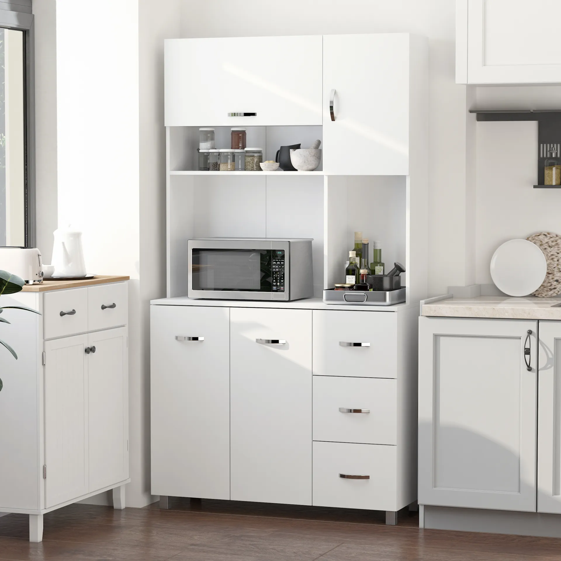 HOMCOM Freestanding Kitchen Cupboard - Versatile White Storage Cabinet with Shelves, Drawers, and Open Compartments