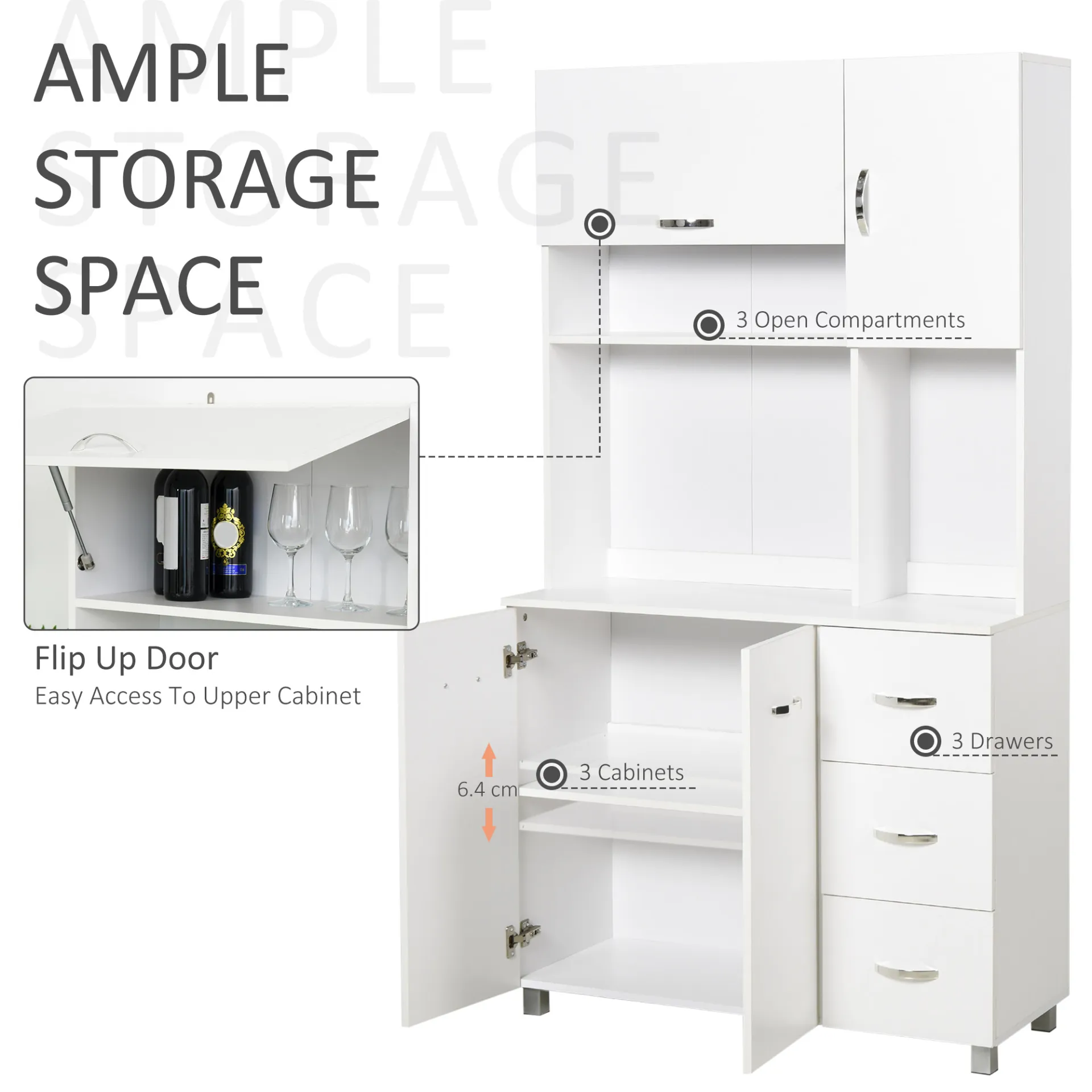 HOMCOM Freestanding Kitchen Cupboard - Versatile White Storage Cabinet with Shelves, Drawers, and Open Compartments