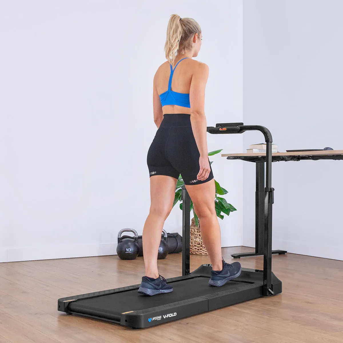 Lifespan Fitness - V-FOLD Treadmill with ErgoDesk Automatic Standing Desk 1500mm in Oak