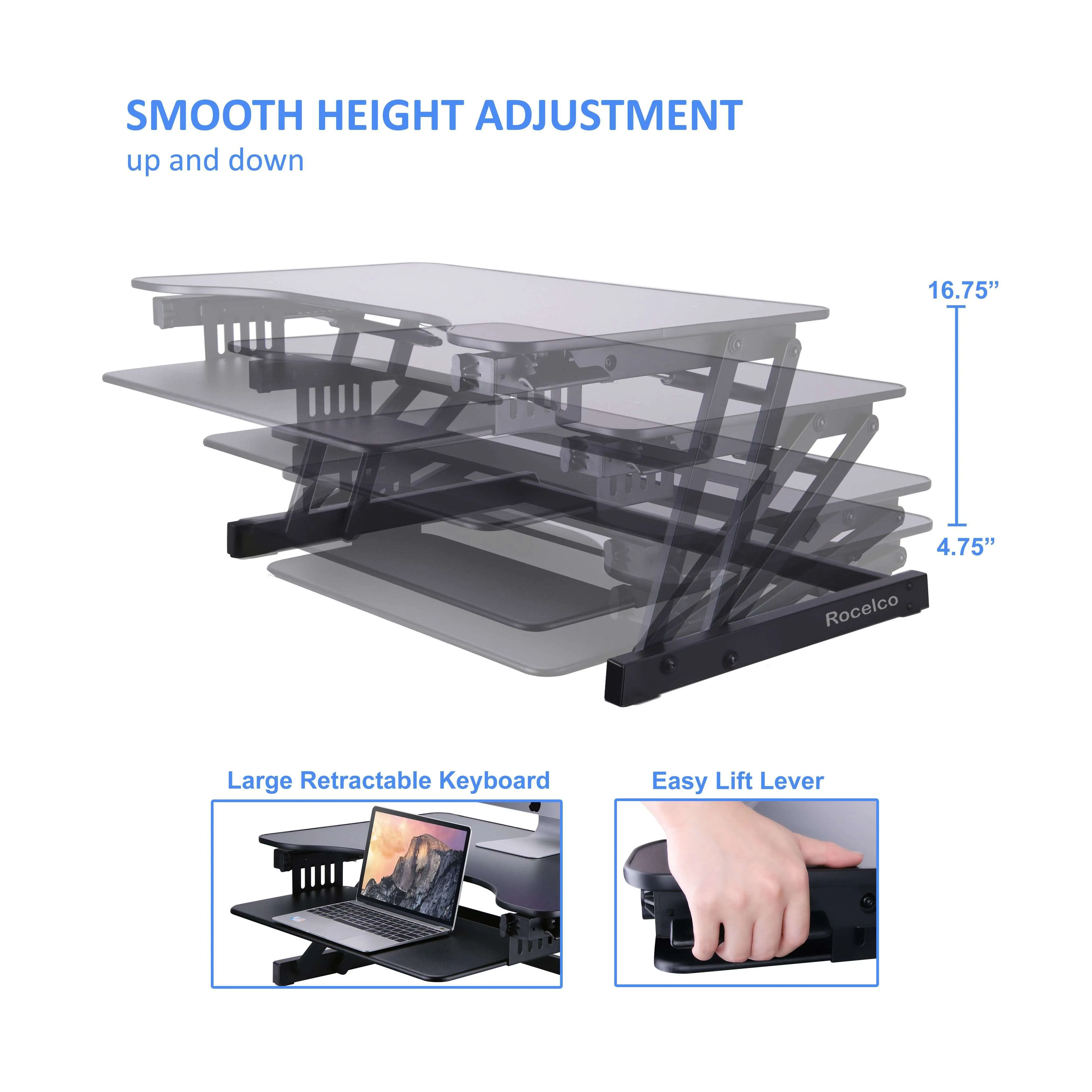 Lorell/Rocelco 32” Height Adjustable Standing Desk Converter w/ Anti-Fatigue Mat BUNDLE | Large Retractable Keyboard Tray | R ADRB-MAFM, Black