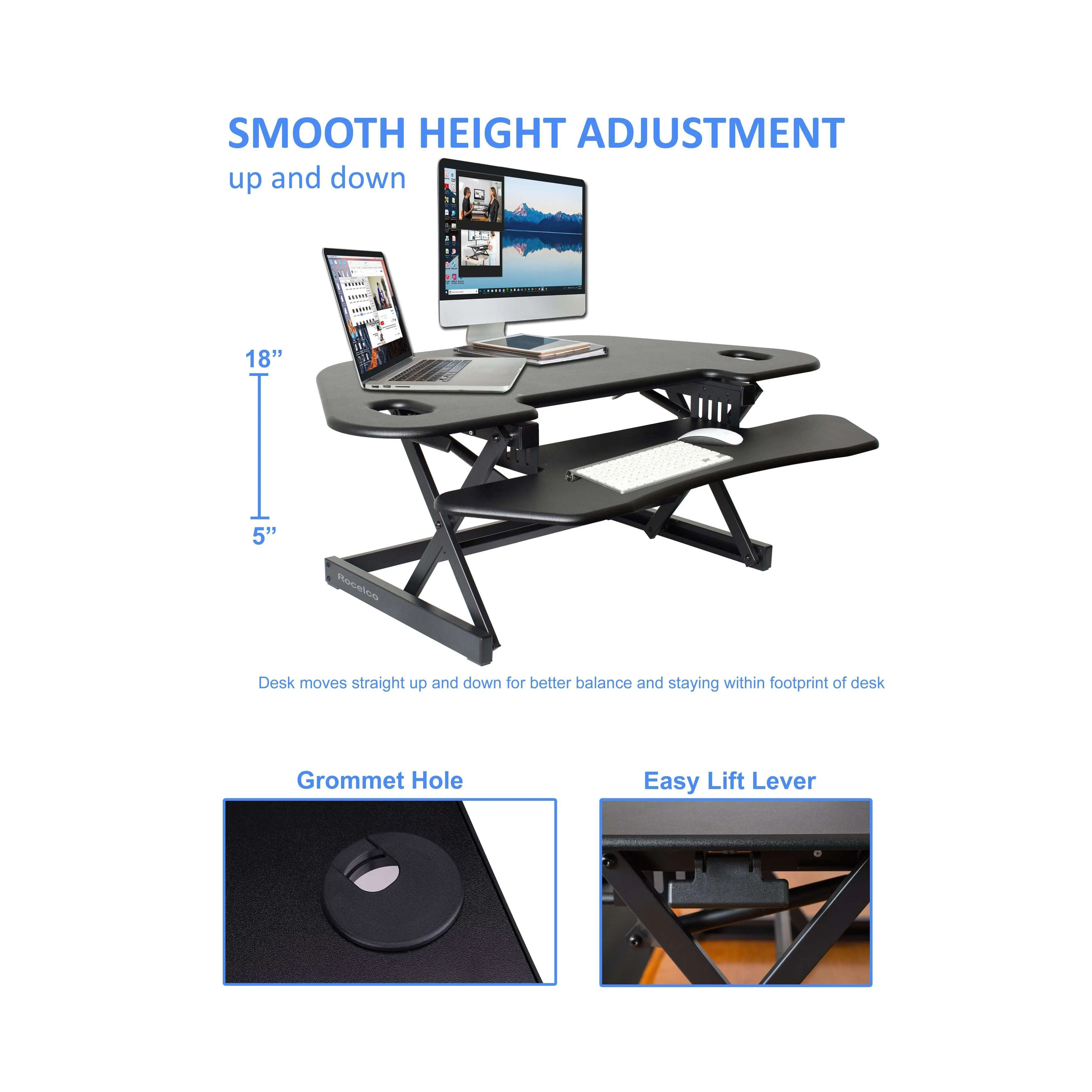 Lorell/Rocelco 46” Height Adjustable Corner Standing Desk Converter w/ Anti Fatigue Mat BUNDLE | R CADRB-46-MAFM, Black