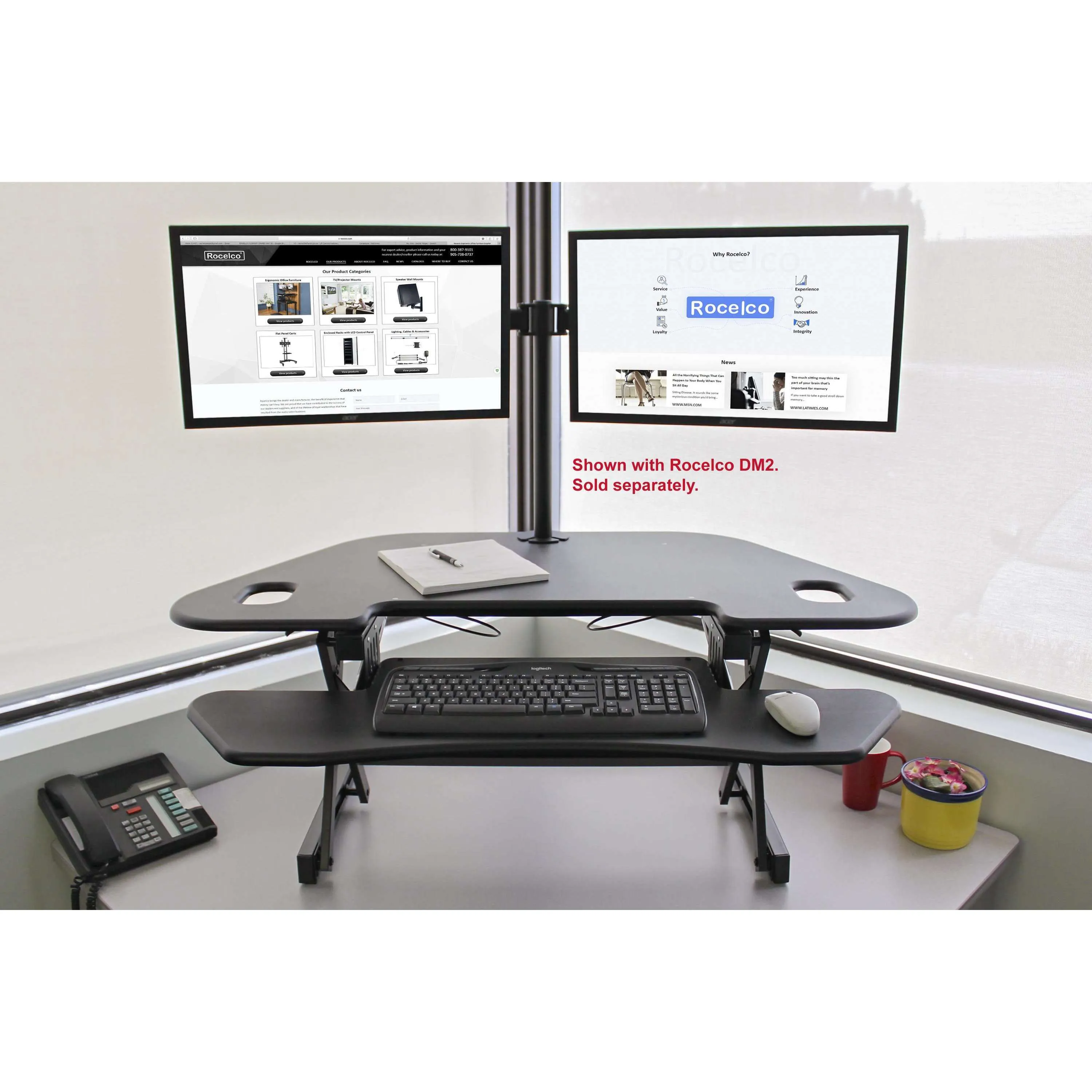 Lorell/Rocelco 46” Height Adjustable Corner Standing Desk Converter w/ Anti Fatigue Mat BUNDLE | R CADRB-46-MAFM, Black