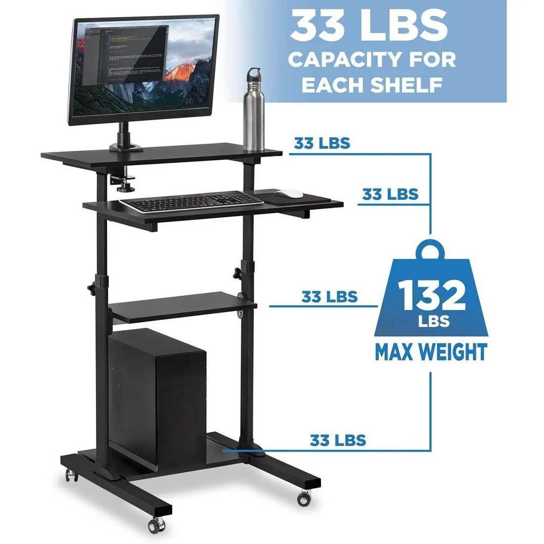 Mount-It! MI-7972/7970 Mobile Standing Desk, Height Adjustable Computer Work Station, Rolling Presentation Cart with 27.5"W Platform, Locking Wheels