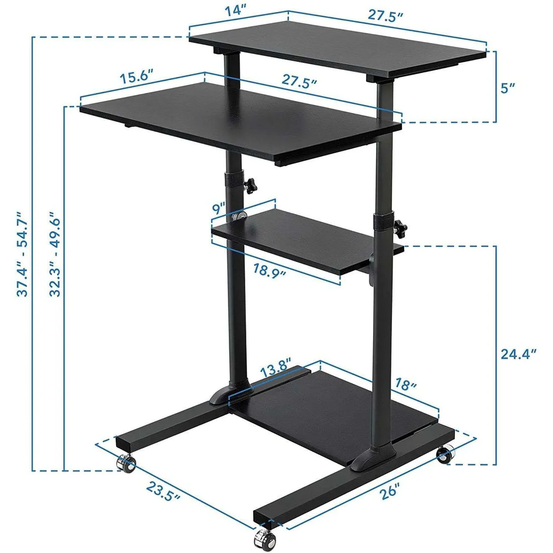 Mount-It! MI-7972/7970 Mobile Standing Desk, Height Adjustable Computer Work Station, Rolling Presentation Cart with 27.5"W Platform, Locking Wheels