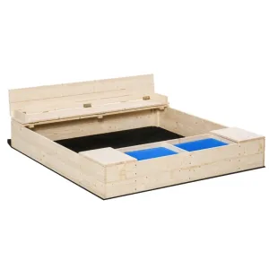 Outsunny Kids Wooden Sandbox w/ Two Plastic Boxes Foldable Bench Seat Waterproof Cover Bottom Liner Storage Space