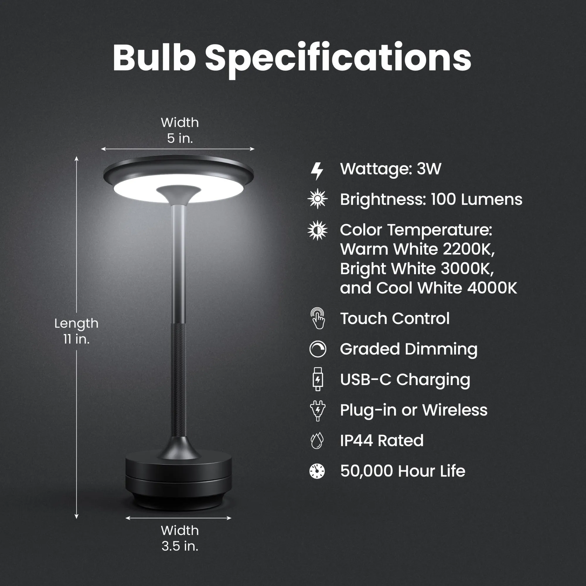 Rechargeable Cordless Tabletop Lamp in Matte Black