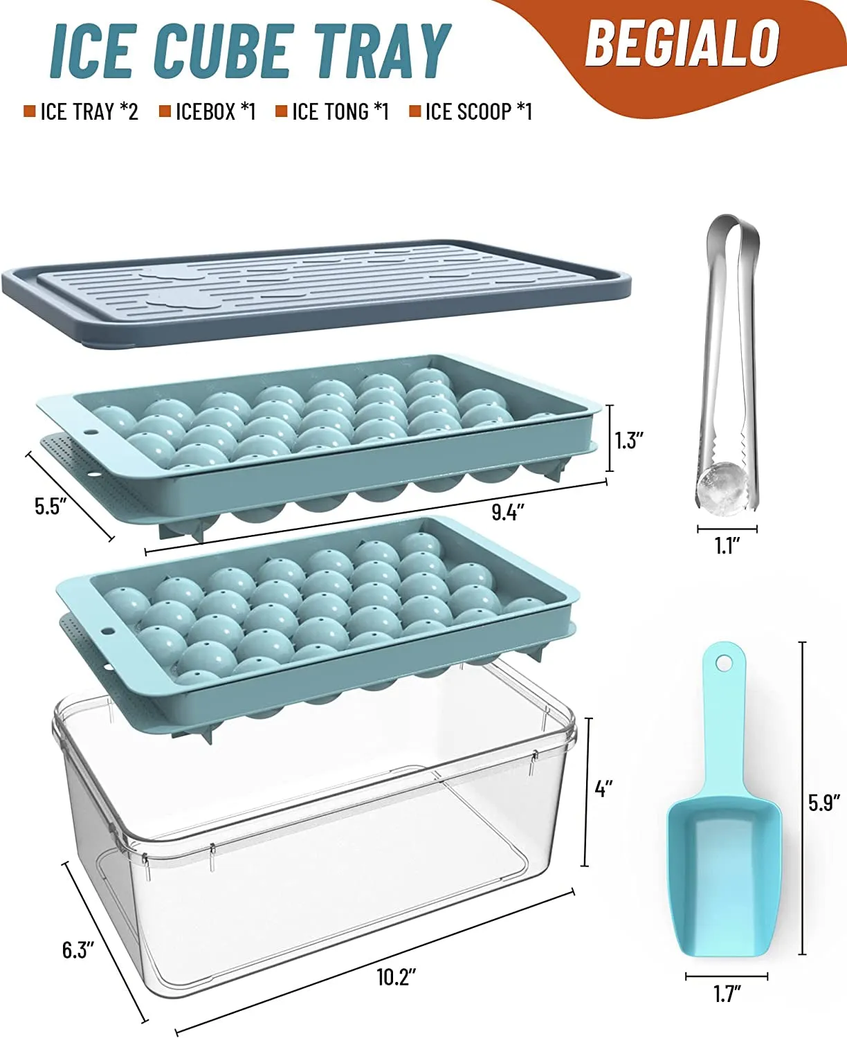 Round Ice Cubes Trays, Round Ice Trays for Freezer with Lid, Ice Buckets Tongs & Scoop