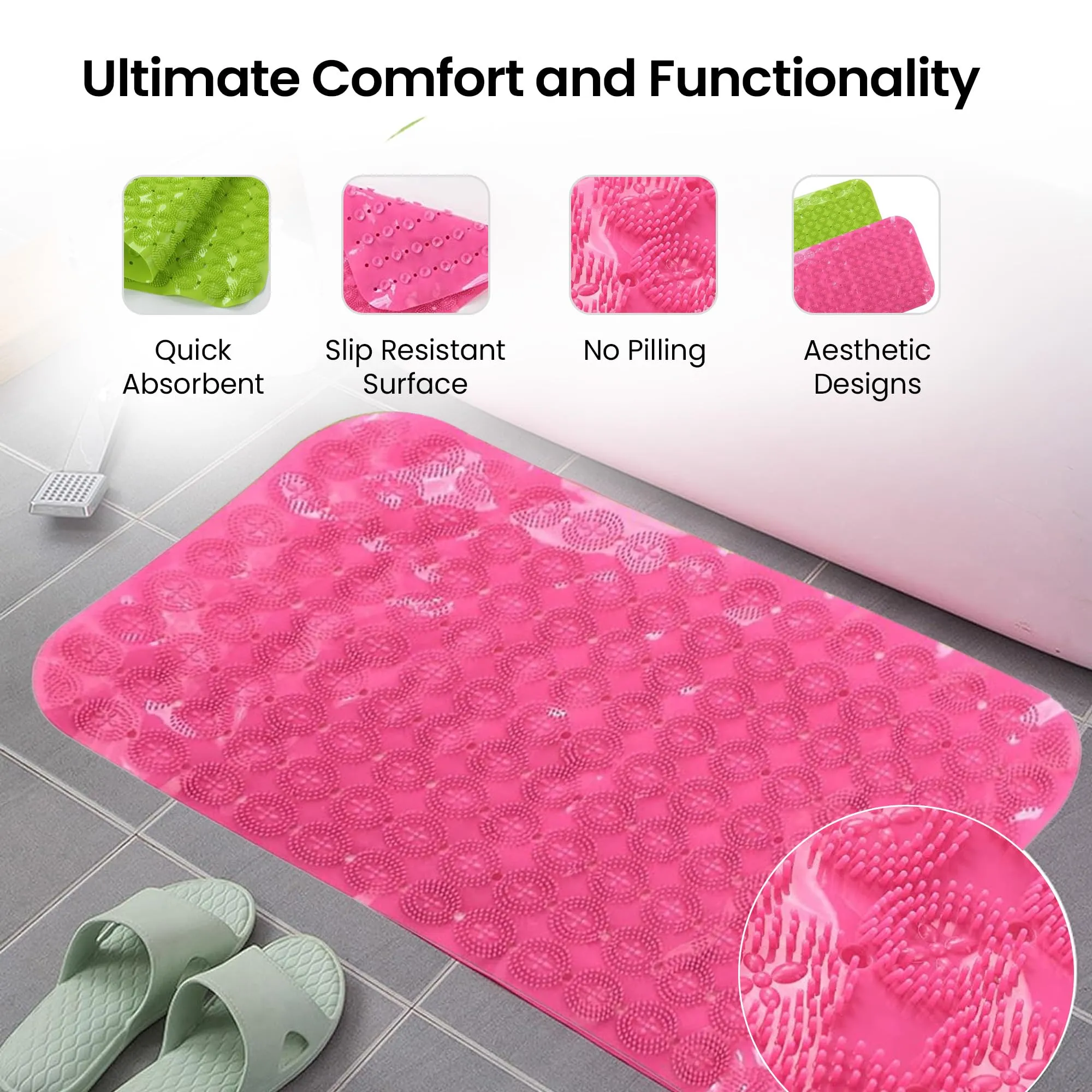 Savya Home Anti Skid Mat for Bathroom Floor (67x37 Cm) Pack of 2 | Shower Mats| Rubber Mat | Bathroom Mats Water Soak | Bathroom Accessories for Home