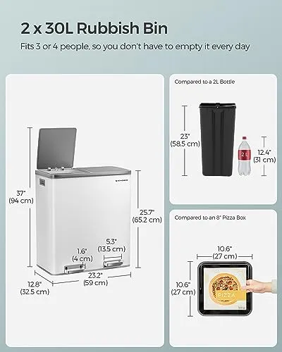 SONGMICS Dual Rubbish Bin, 2 x 30L Recycling Bin (New)