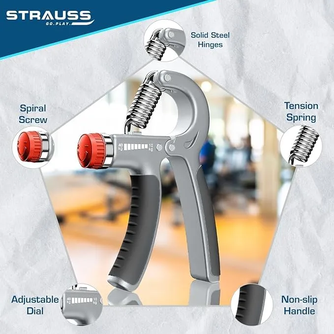 Strauss Adjustable Hand Grip | Adjustable Resistance (10KG - 40KG) | Hand Gripper for Home & Gym Workouts | Perfect for Finger & Forearm Hand Exercises for Men & Women (Black/Grey) | Pack of 3