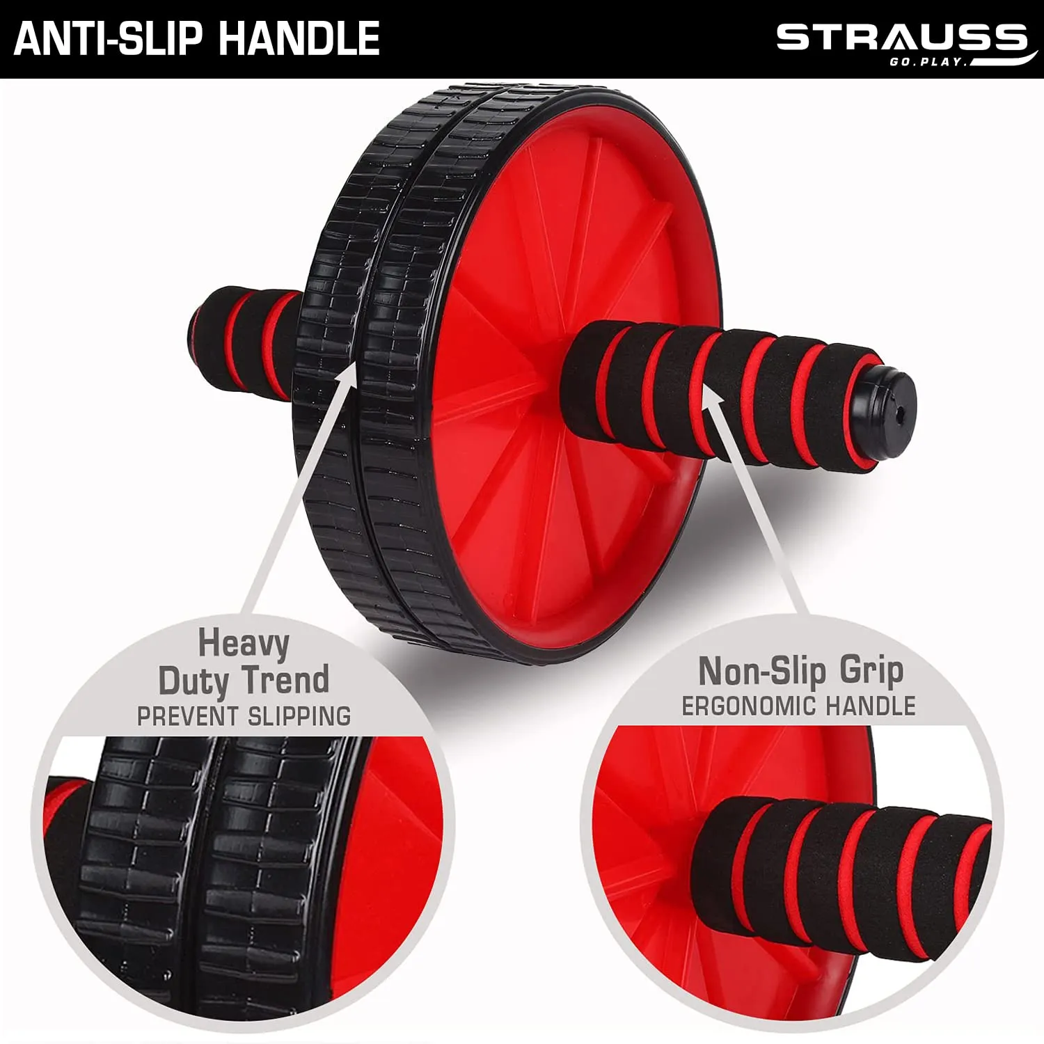 Strauss Double Wheel Ab & Exercise Roller | Anti-Skid Wheel Base, Non-Slip Stainless Steel Handles & Knee Mat| Abdominal Exercise Roller Wheel|Exercise Equipment for Home, Gym Workout for Abs, (Red)