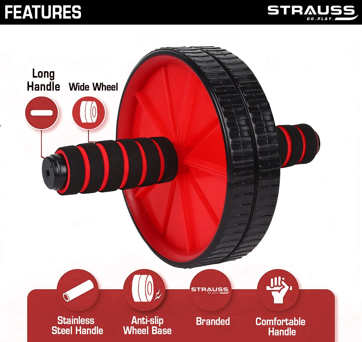 Strauss Double Wheel Ab & Exercise Roller | Anti-Skid Wheel Base, Non-Slip Stainless Steel Handles & Knee Mat| Abdominal Exercise Roller Wheel|Exercise Equipment for Home, Gym Workout for Abs, (Red)