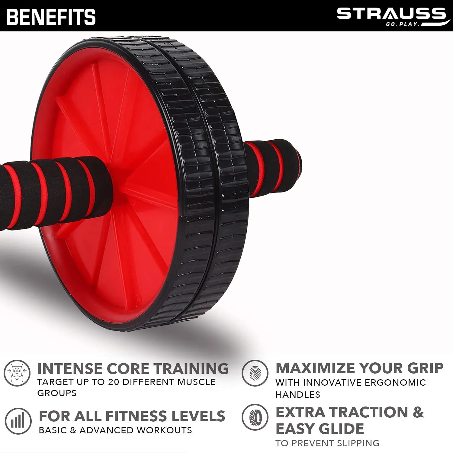 Strauss Double Wheel Ab & Exercise Roller | Anti-Skid Wheel Base, Non-Slip Stainless Steel Handles & Knee Mat| Abdominal Exercise Roller Wheel|Exercise Equipment for Home, Gym Workout for Abs, (Red)