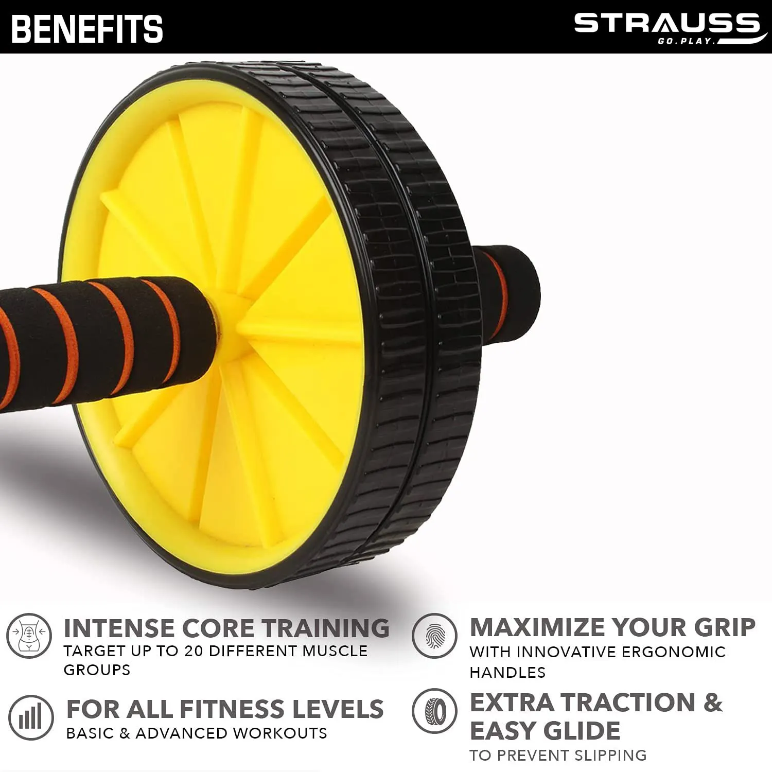 Strauss Double Wheel Ab & Exercise Roller | Anti-Skid Wheel Base, Non-Slip Stainless Steel Handles & Knee Mat | Ideal for Home, Gym workout for Abs, Tummy, (Yellow)