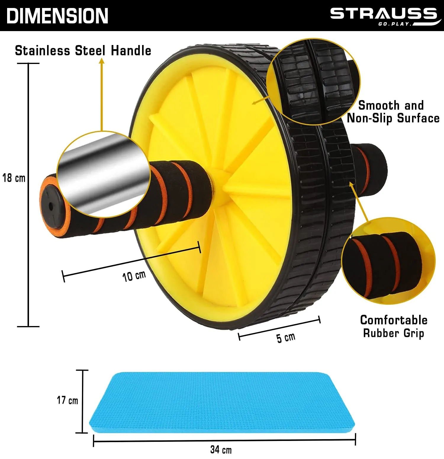 Strauss Double Wheel Ab & Exercise Roller | Anti-Skid Wheel Base, Non-Slip Stainless Steel Handles & Knee Mat | Ideal for Home, Gym workout for Abs, Tummy, (Yellow)