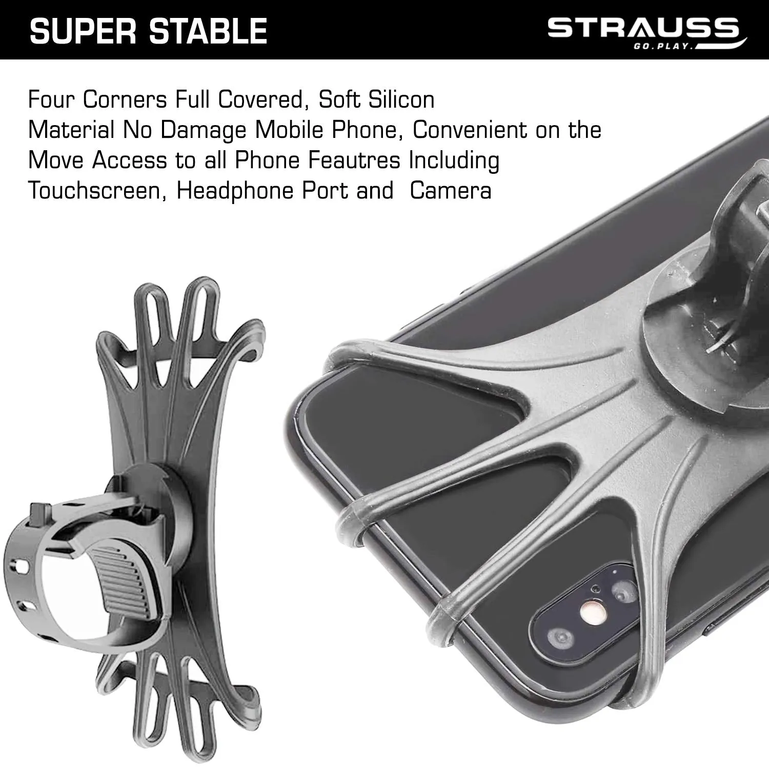 STRAUSS Waterproof Mobile Holder for Bikes | Anti Shake and Stable | Adjustable and 360° Rotation | Bicycle and Bike Accessories for Any Smartphone | Can Be Used for GPS and Navigation | Hold Devices Between 5.5 and 7 inches,(Grey)