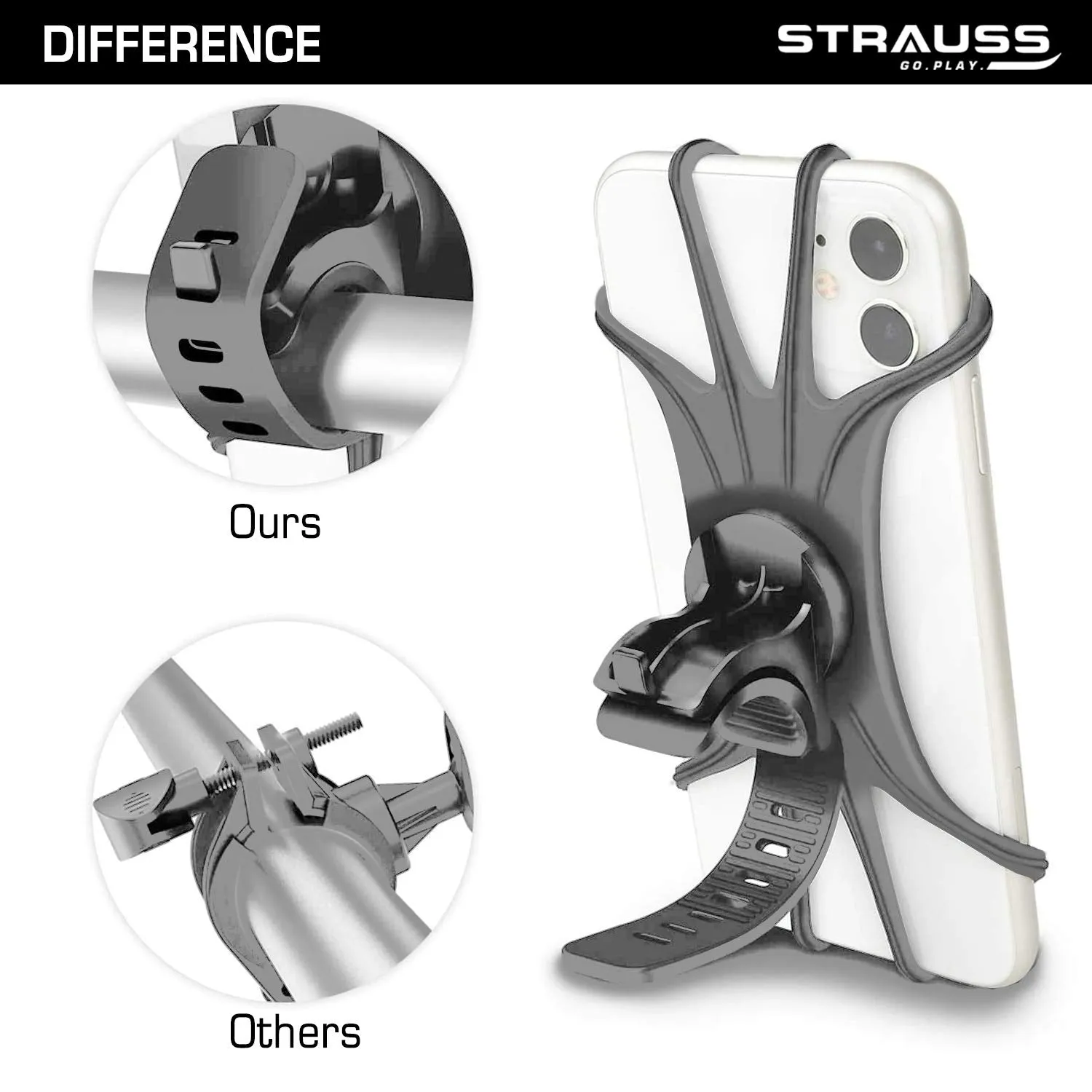 STRAUSS Waterproof Mobile Holder for Bikes | Anti Shake and Stable | Adjustable and 360° Rotation | Bicycle and Bike Accessories for Any Smartphone | Can Be Used for GPS and Navigation | Hold Devices Between 5.5 and 7 inches,(Grey)